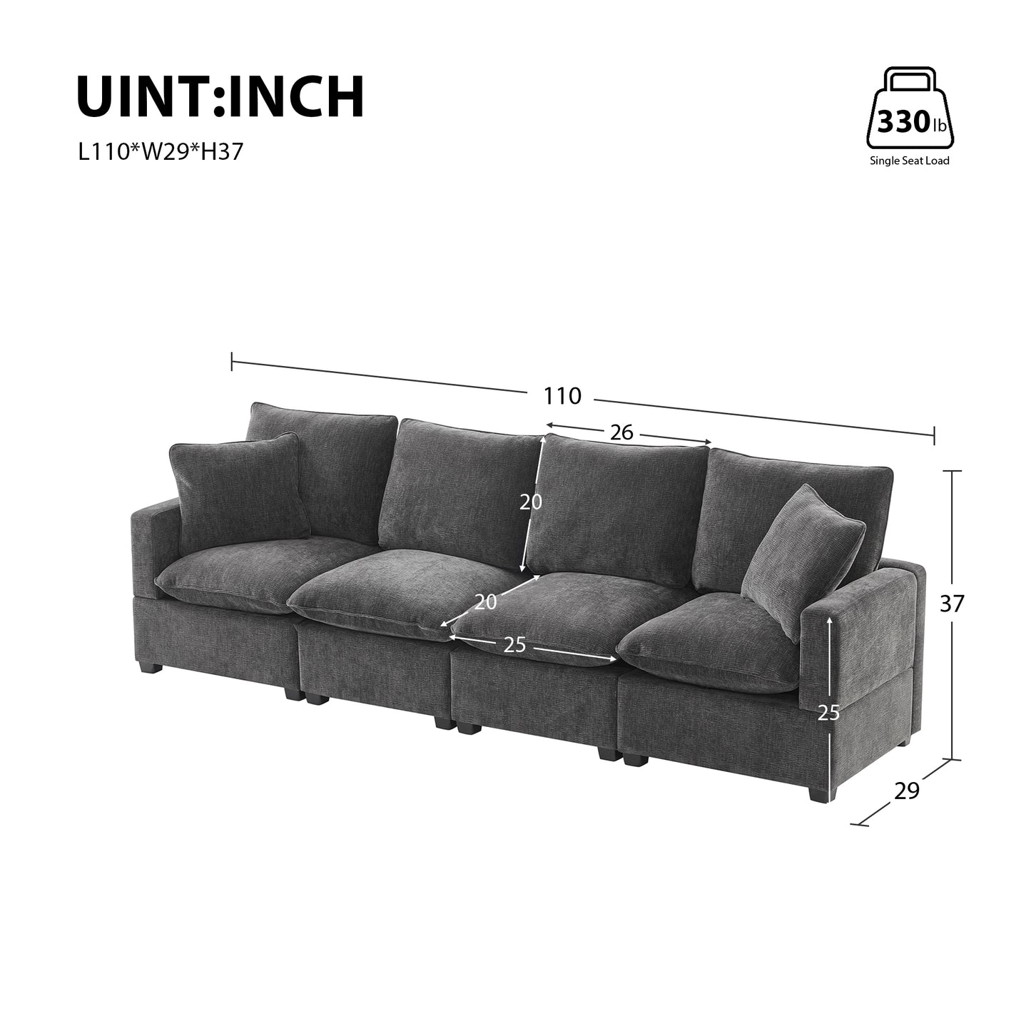 Melysen 110*29" Modern Modular Sofa , 4 Seat Chenille Sectional Couch Set with 2 Pillows Included , Freely Combinable Indoor Funiture ,Black+Grey