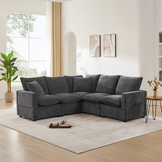 Melysen 84*84" Modern L Shape Modular Sofa , 5 Seat Chenille Sectional Couch Set with 2 Pillows Included ,Black+Grey