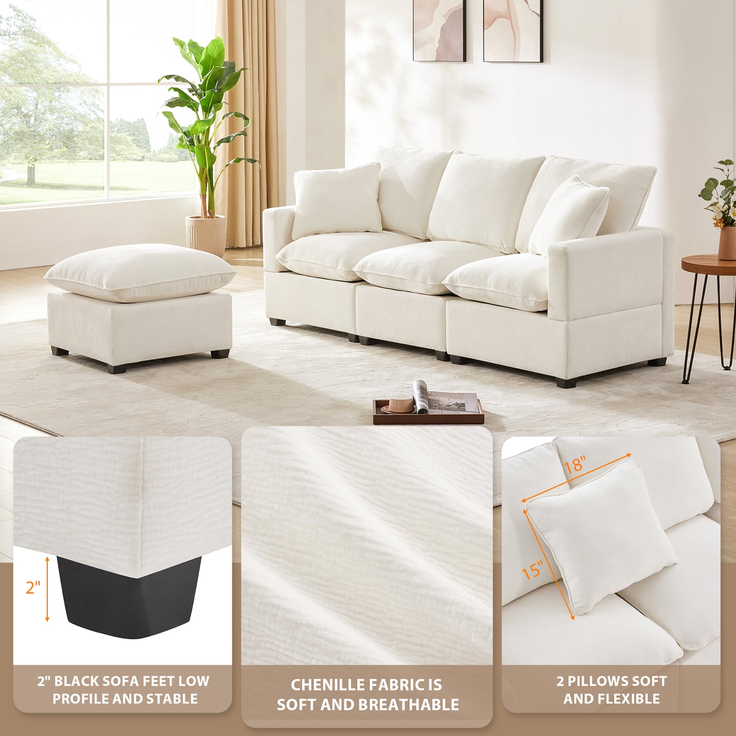 Melysen 84*57" Modern Modular Sofa , 4 Seat Chenille Sectional Couch Set with 2 Pillows Included ,White