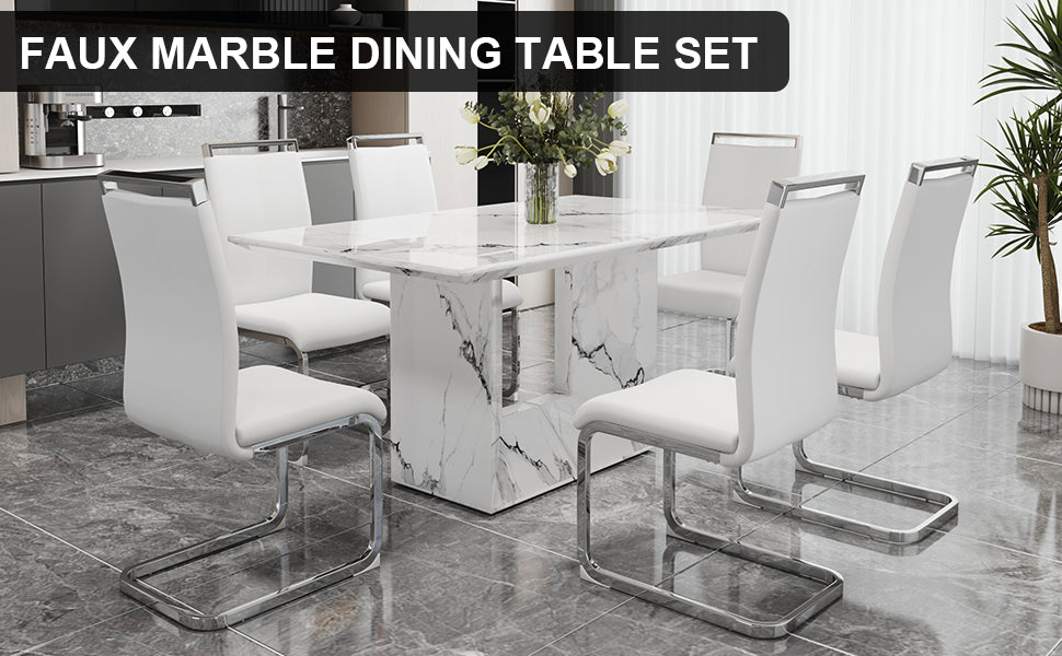 Melysen A Simple Dining Table. A Dining Table with A White Marble Pattern. 6 Pu Synthetic Leather High Backrest Cushioned Side Chairs with C-Shaped Silver Metal Legs