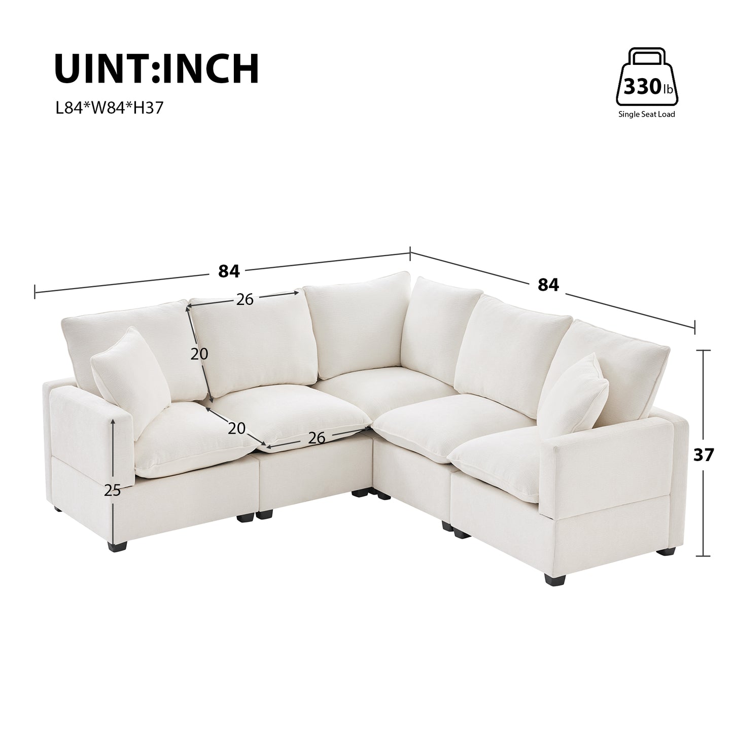 Melysen 84*84" Modern L Shape Modular Sofa , 5 Seat Chenille Sectional Couch Set with 2 Pillows Included ,White