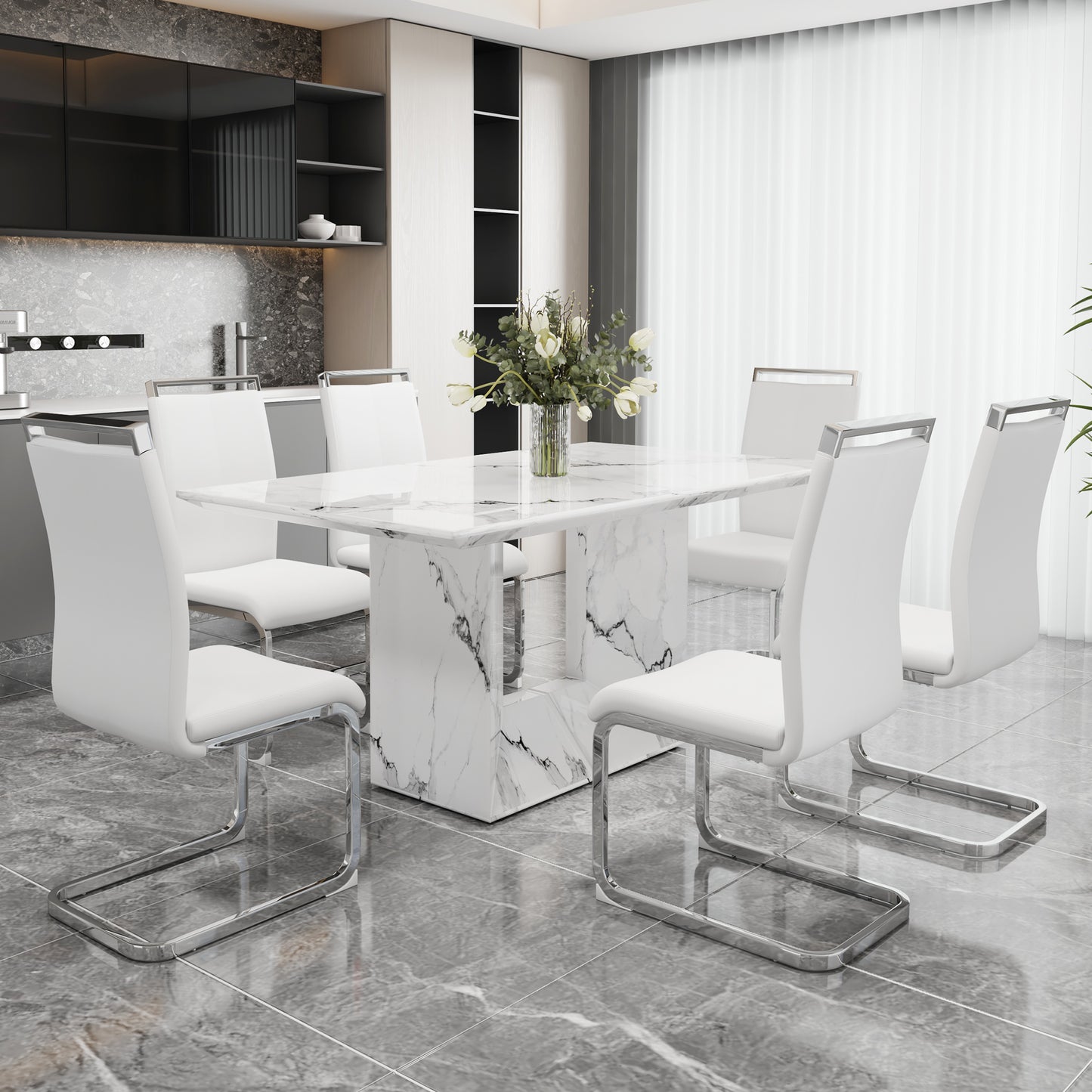 Melysen A Simple Dining Table. A Dining Table with A White Marble Pattern. 6 Pu Synthetic Leather High Backrest Cushioned Side Chairs with C-Shaped Silver Metal Legs