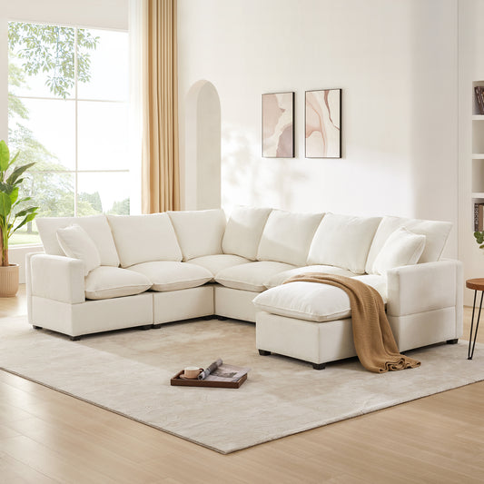 Melysen 110*84" Modern U Shape Modular Sofa , 7 Seat Chenille Sectional Couch Set with 2 Pillows Included ,White