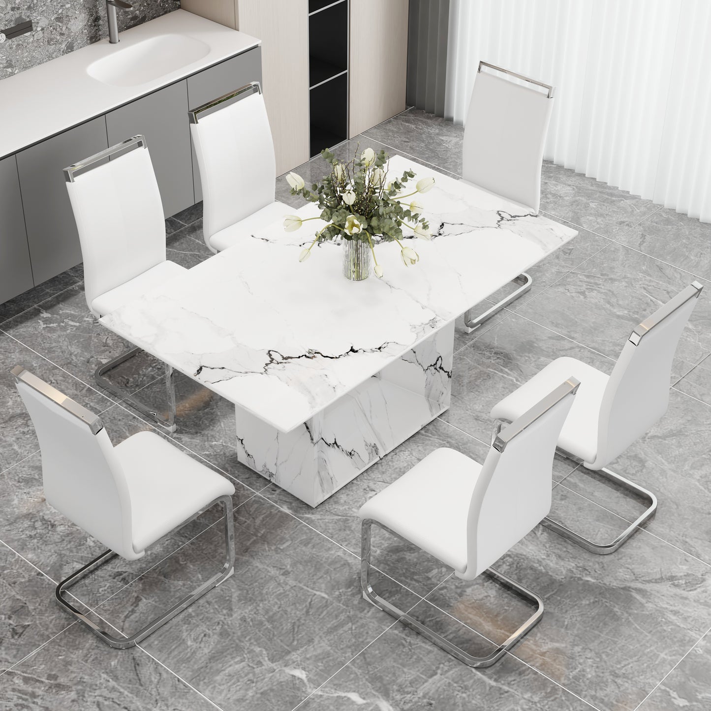 Melysen A Simple Dining Table. A Dining Table with A White Marble Pattern. 6 Pu Synthetic Leather High Backrest Cushioned Side Chairs with C-Shaped Silver Metal Legs