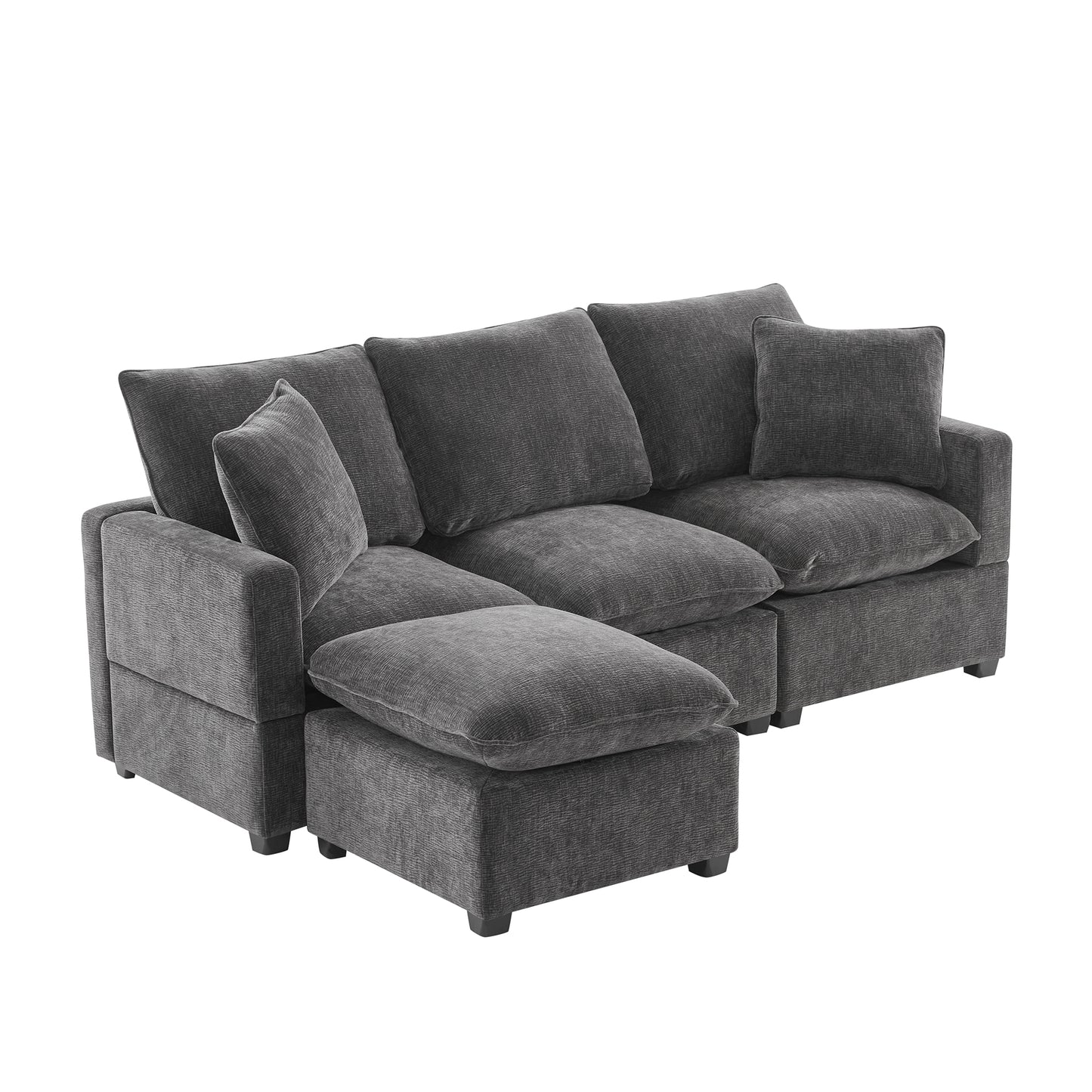 Melysen 84*57" Modern Modular Sofa , 4 Seat Chenille Sectional Couch Set with 2 Pillows Included ,Black+Grey