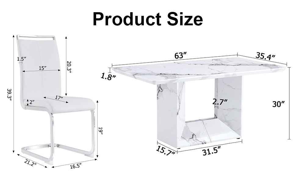 Melysen A Simple Dining Table. A Dining Table with A White Marble Pattern. 6 Pu Synthetic Leather High Backrest Cushioned Side Chairs with C-Shaped Silver Metal Legs