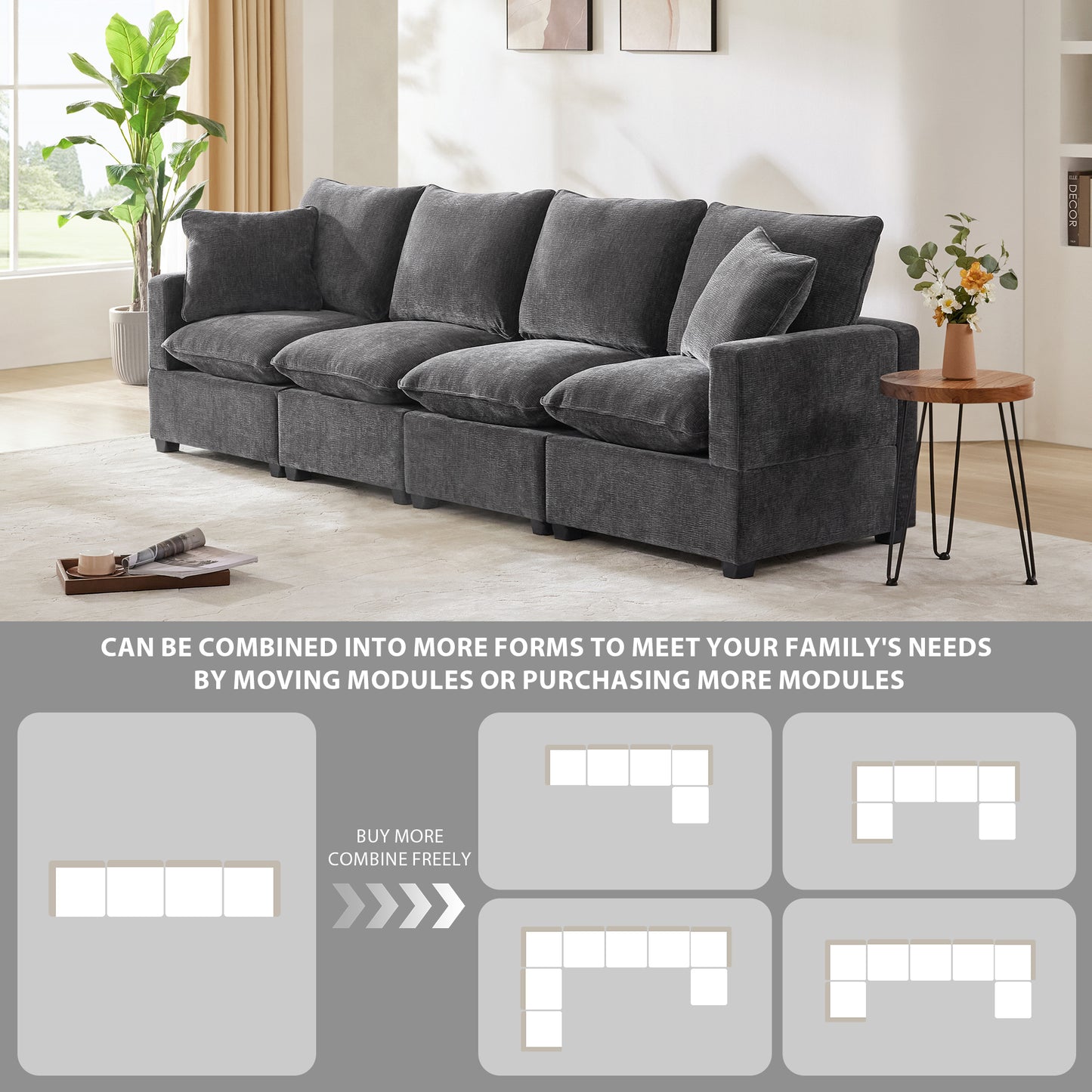 Melysen 110*29" Modern Modular Sofa , 4 Seat Chenille Sectional Couch Set with 2 Pillows Included , Freely Combinable Indoor Funiture ,Black+Grey