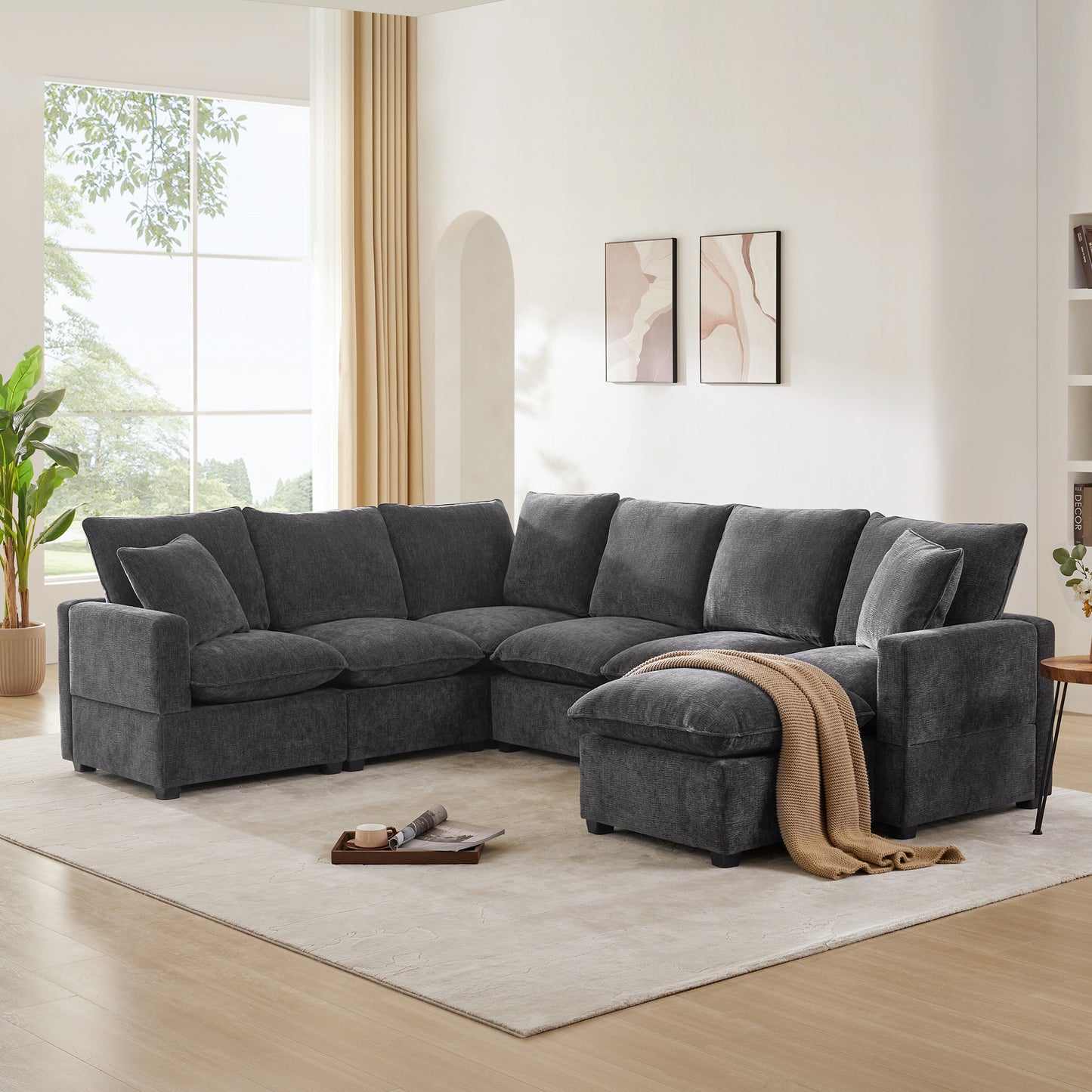 Melysen 110*84" Modern U Shape Modular Sofa , 7 Seat Chenille Sectional Couch Set with 2 Pillows Included ,Black+Grey