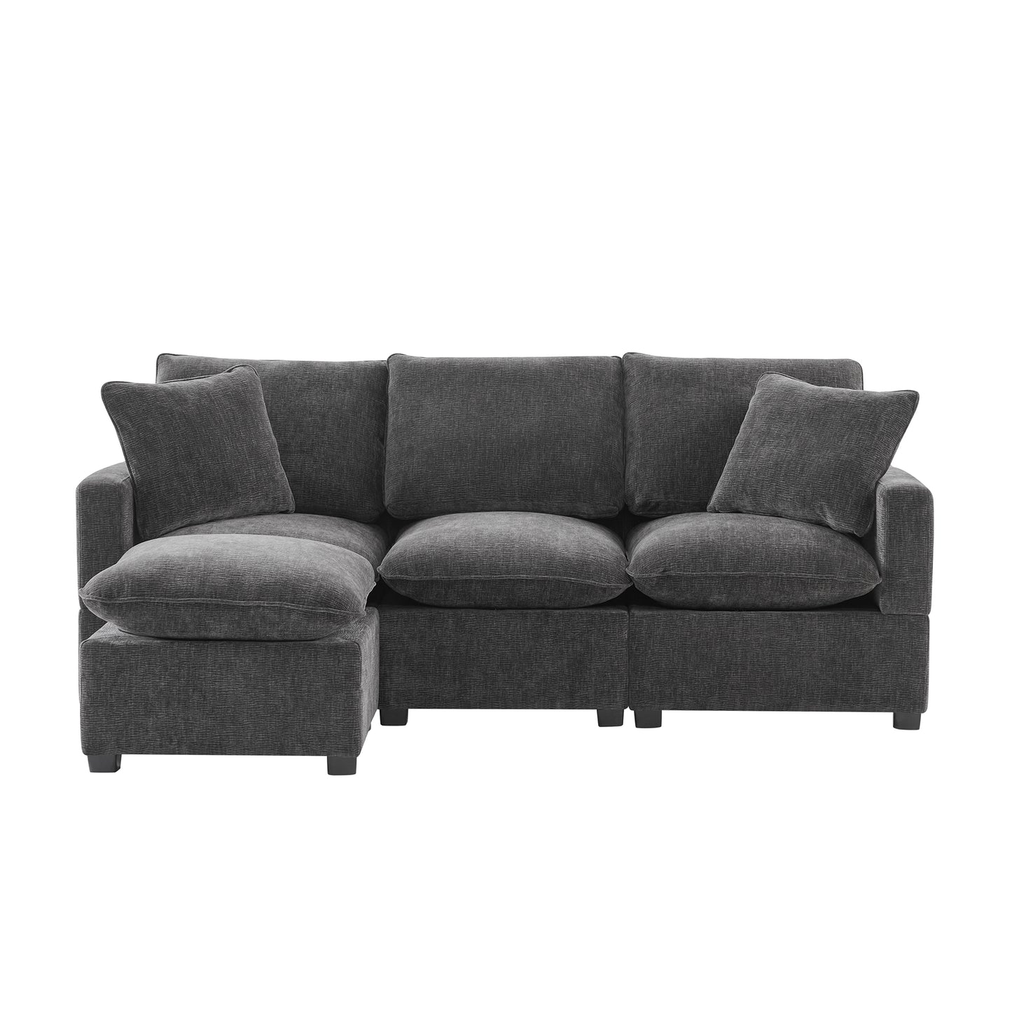 Melysen 84*57" Modern Modular Sofa , 4 Seat Chenille Sectional Couch Set with 2 Pillows Included ,Black+Grey