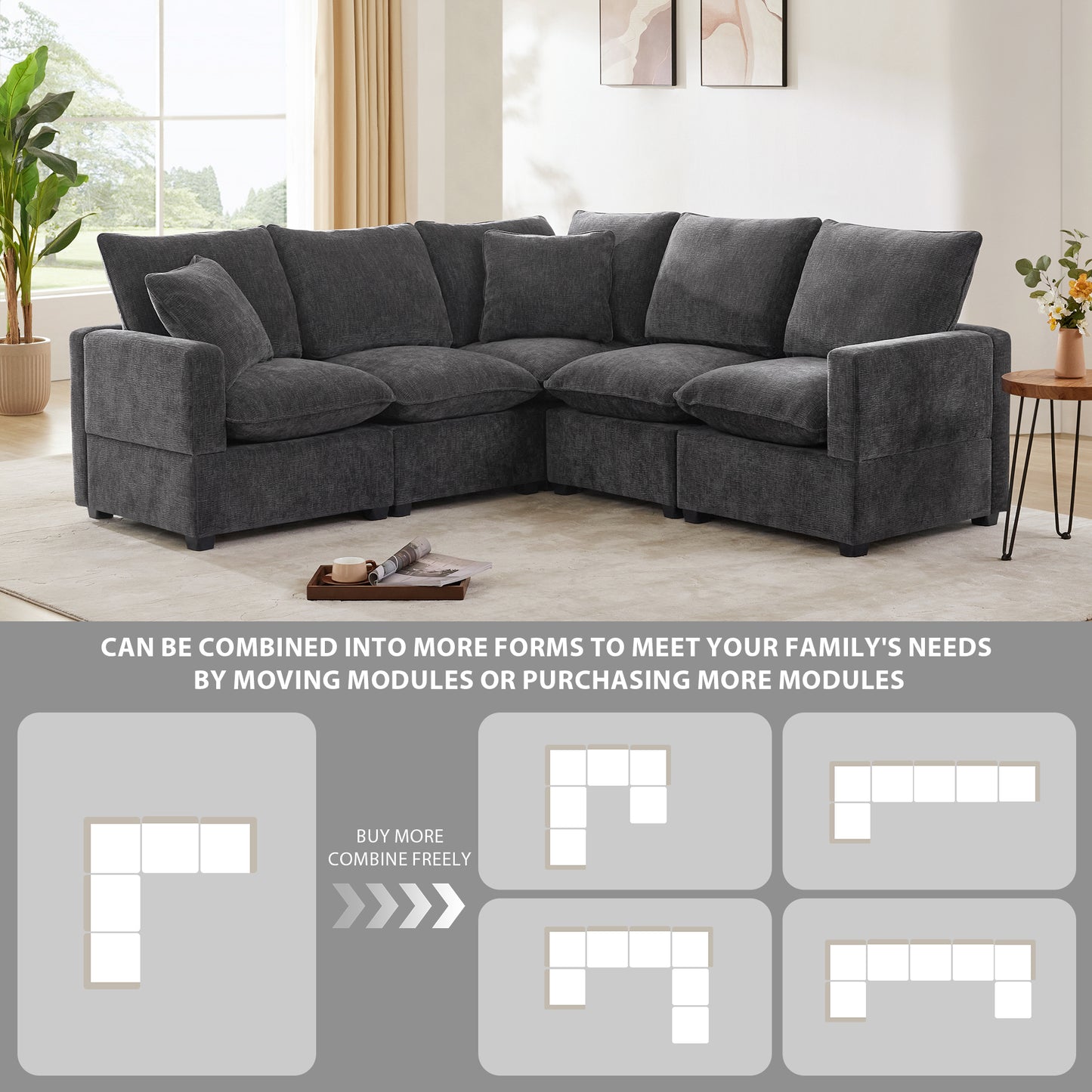 Melysen 84*84" Modern L Shape Modular Sofa , 5 Seat Chenille Sectional Couch Set with 2 Pillows Included ,Black+Grey