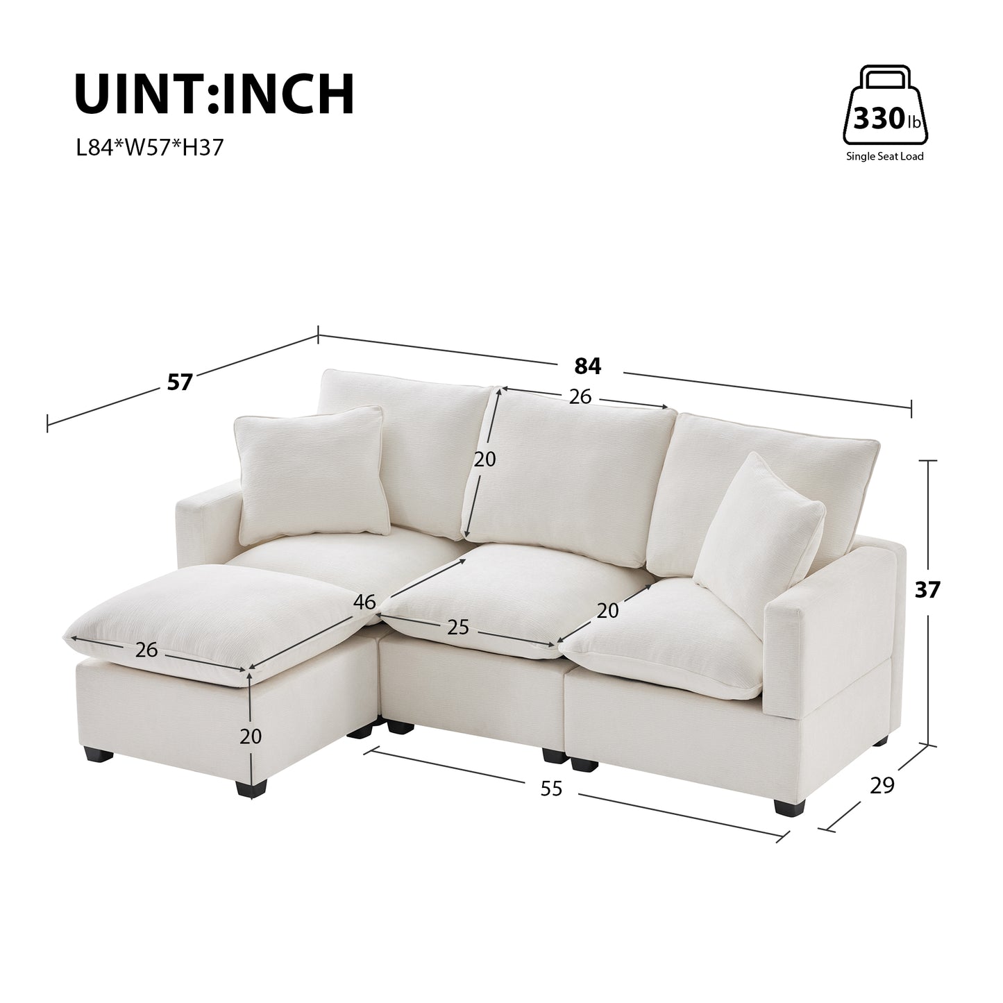 Melysen 84*57" Modern Modular Sofa , 4 Seat Chenille Sectional Couch Set with 2 Pillows Included ,White