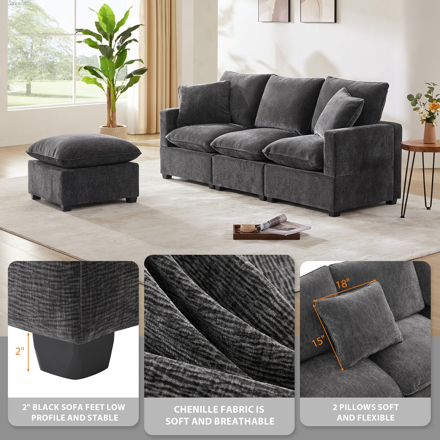 Melysen 84*57" Modern Modular Sofa , 4 Seat Chenille Sectional Couch Set with 2 Pillows Included ,Black+Grey