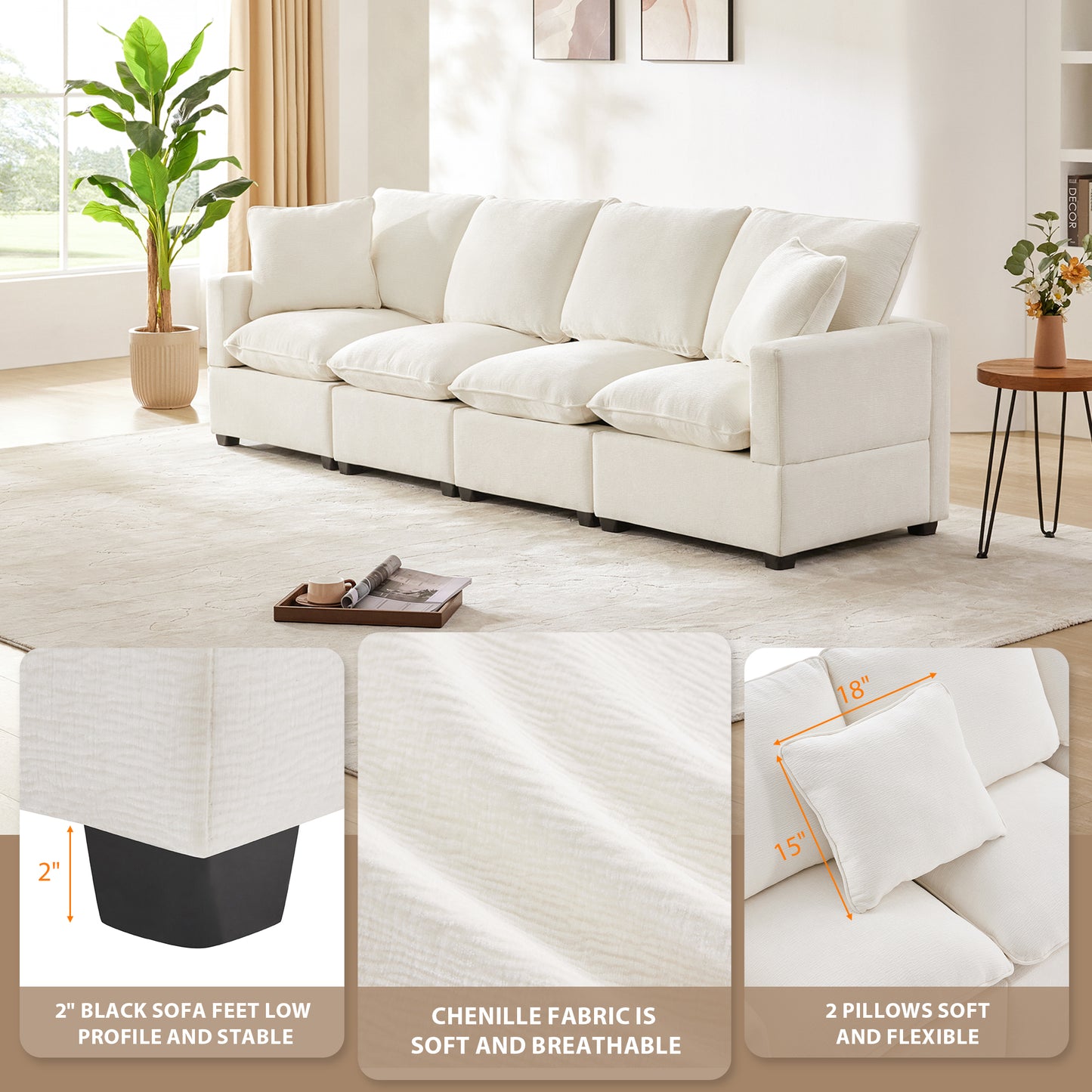 Melysen 110*29" Modern Modular Sofa , 4 Seat Chenille Sectional Couch Set with 2 Pillows Included , Freely Combinable Indoor Funiture ,White