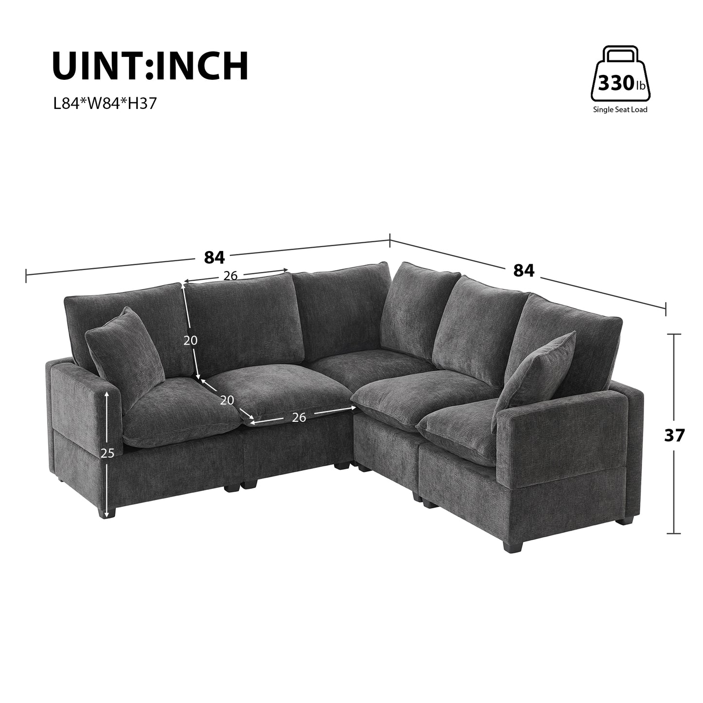 Melysen 84*84" Modern L Shape Modular Sofa , 5 Seat Chenille Sectional Couch Set with 2 Pillows Included ,Black+Grey