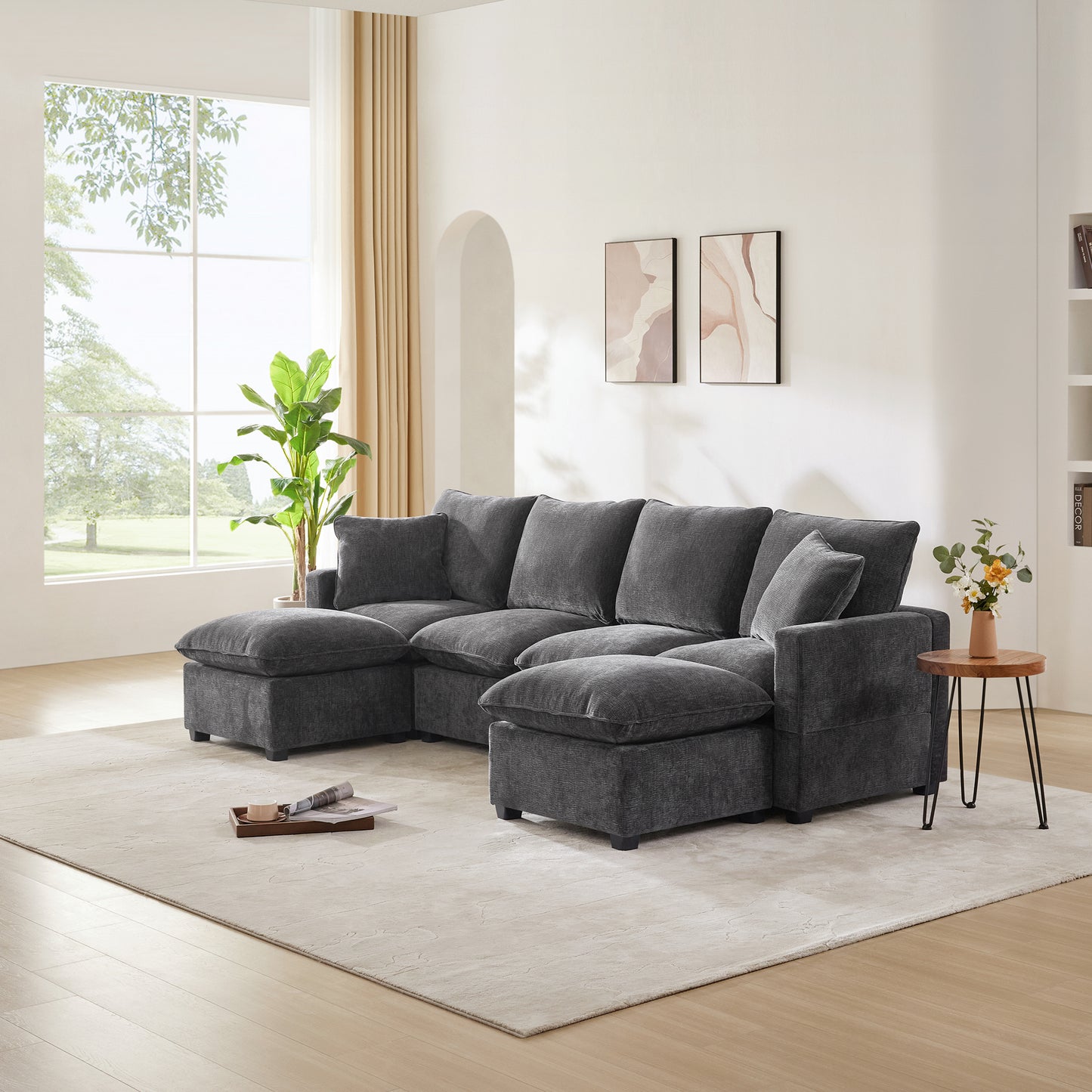 Melysen 110*57" Modern U Shape Modular Sofa , 6 Seat Chenille Sectional Couch Set with 2 Pillows Included ,Black+Grey