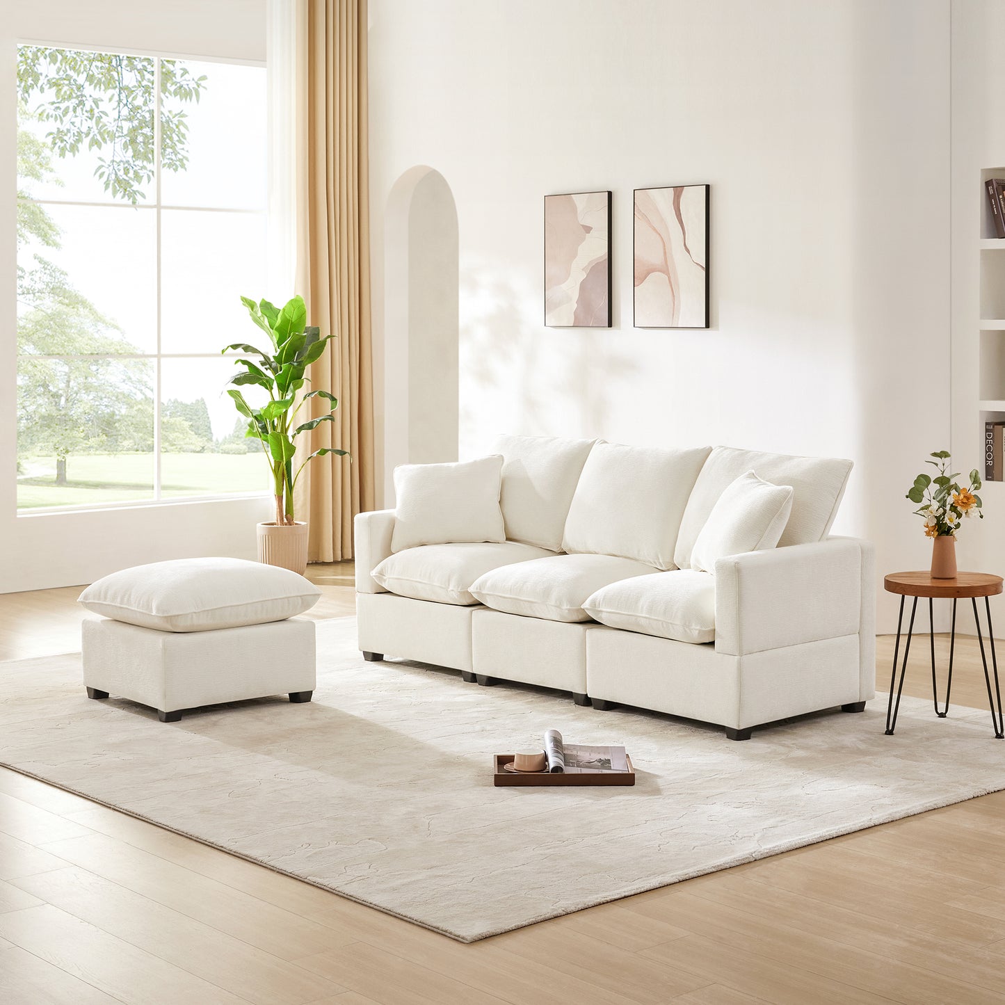 Melysen 84*57" Modern Modular Sofa , 4 Seat Chenille Sectional Couch Set with 2 Pillows Included ,White