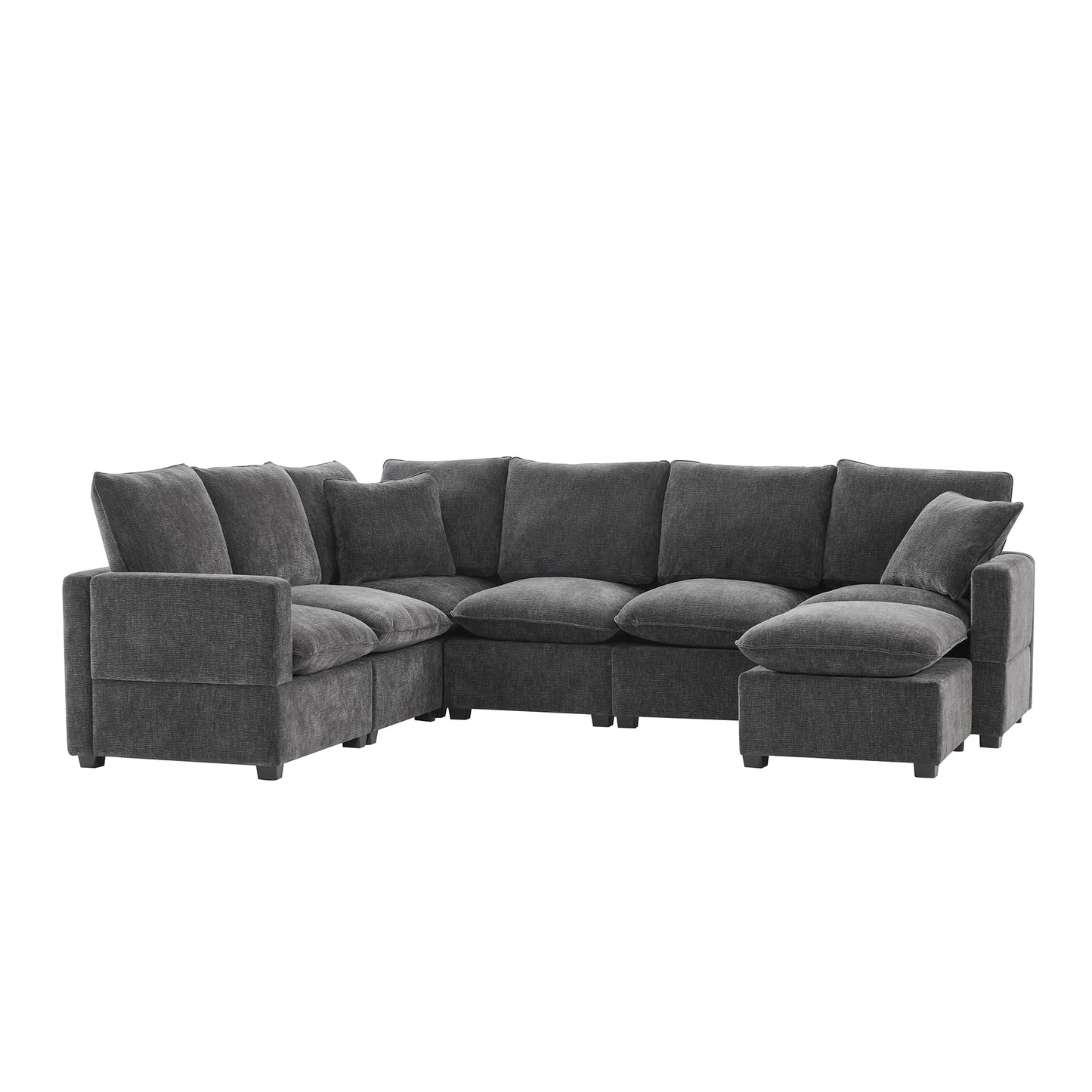 Melysen 110*84" Modern U Shape Modular Sofa , 7 Seat Chenille Sectional Couch Set with 2 Pillows Included ,Black+Grey