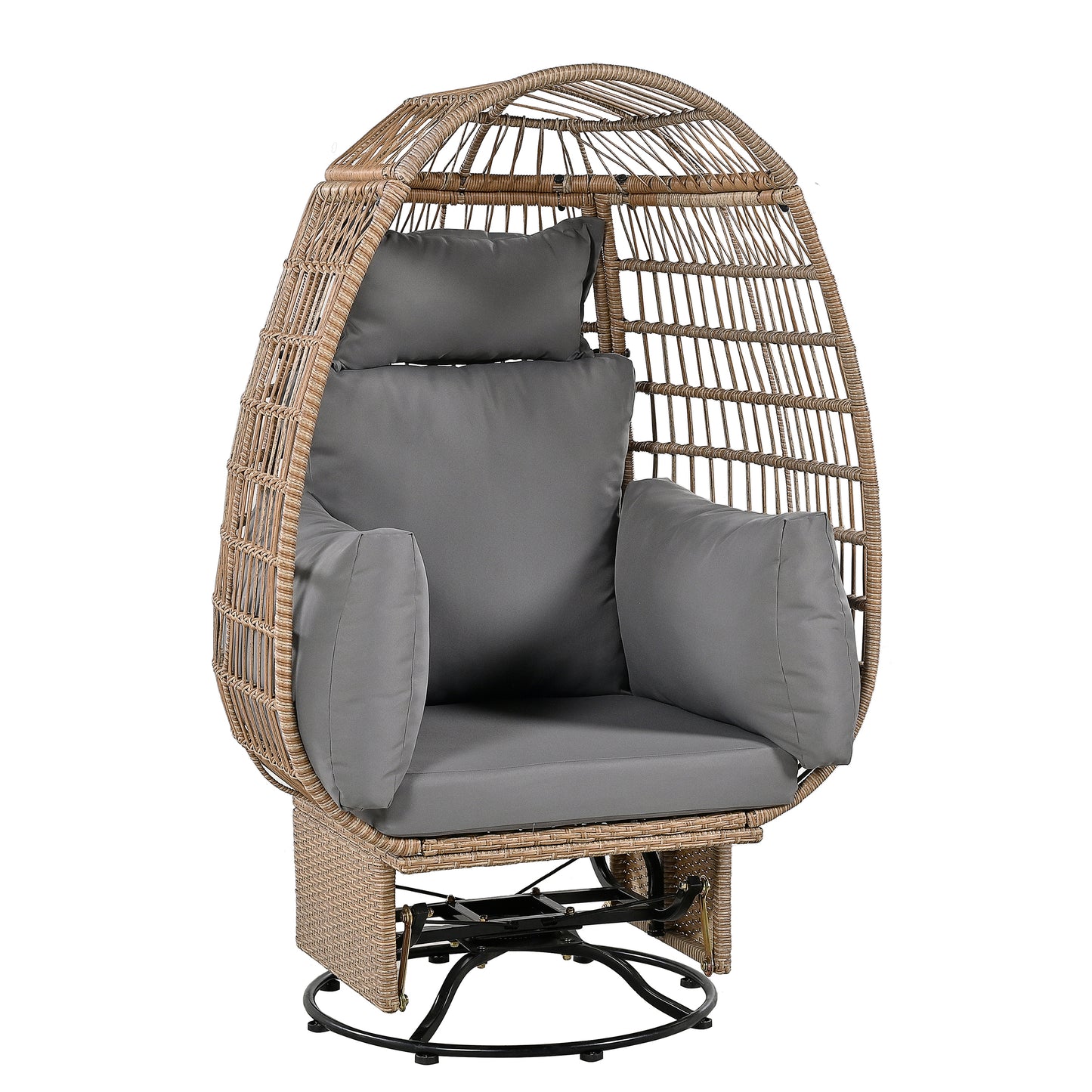 Melysen Outdoor Swivel Chair with Cushions, Rattan Egg Patio Chair with Rocking Function for Balcony, Poolside and Garden (Natural Wicker + Grey Cushion)