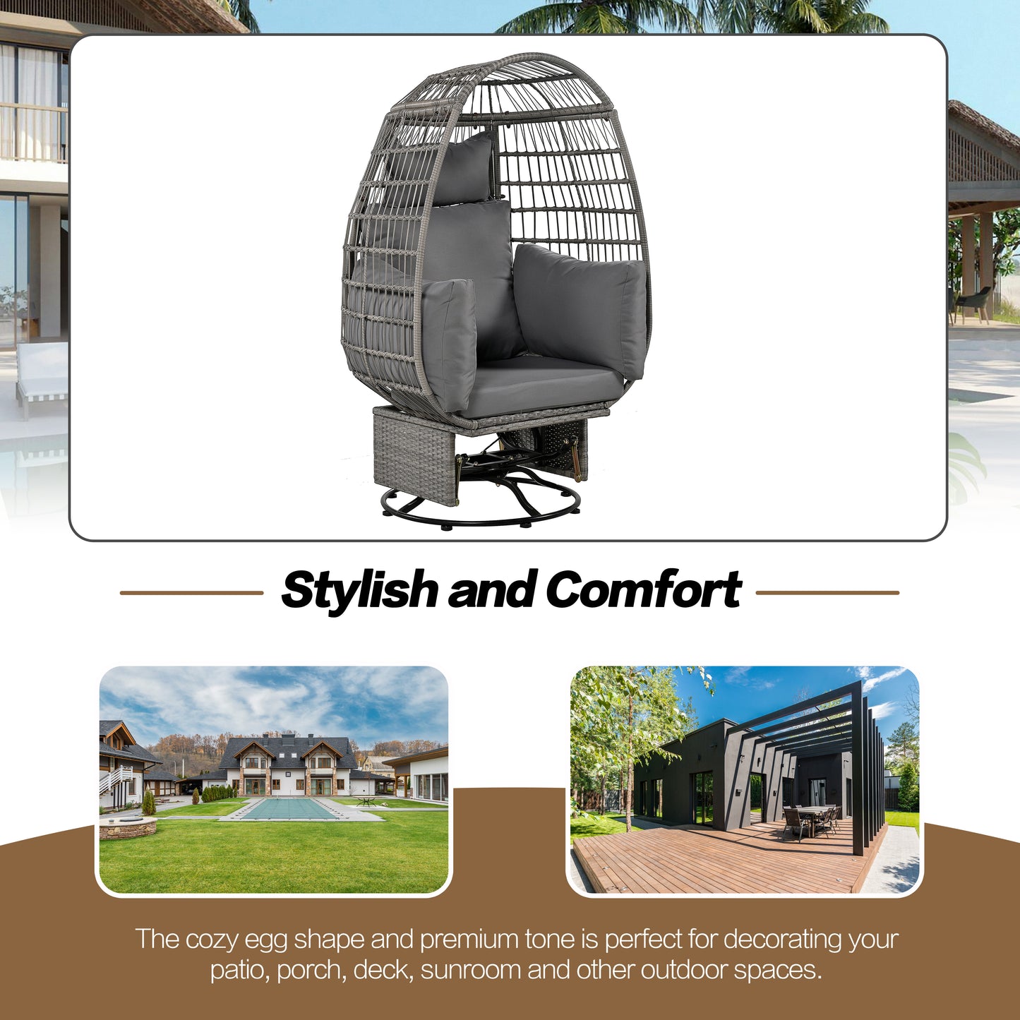 Melysen Outdoor Swivel Chair with Cushions, Rattan Egg Patio Chair with Rocking Function for Balcony, Poolside and Garden (Grey Wicker + Grey Cushion)