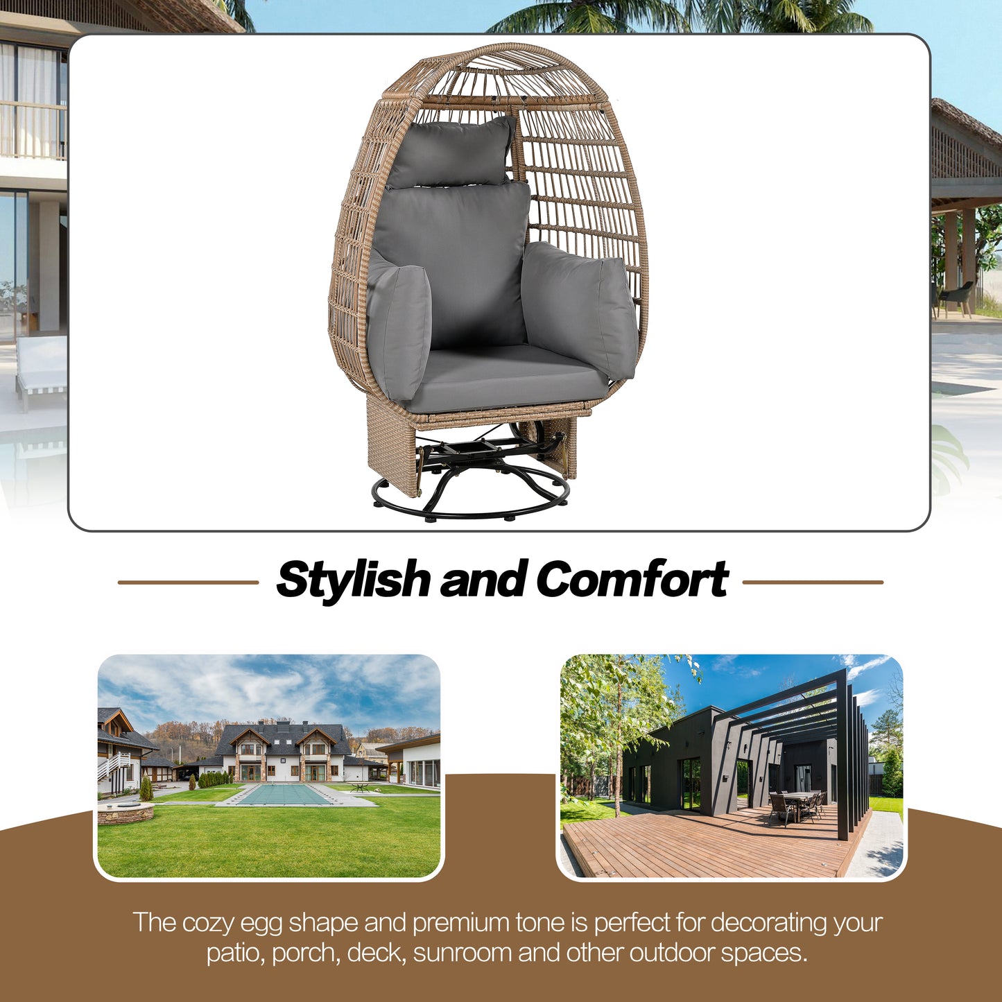 Melysen Outdoor Swivel Chair with Cushions, Rattan Egg Patio Chair with Rocking Function for Balcony, Poolside and Garden (Natural Wicker + Grey Cushion)