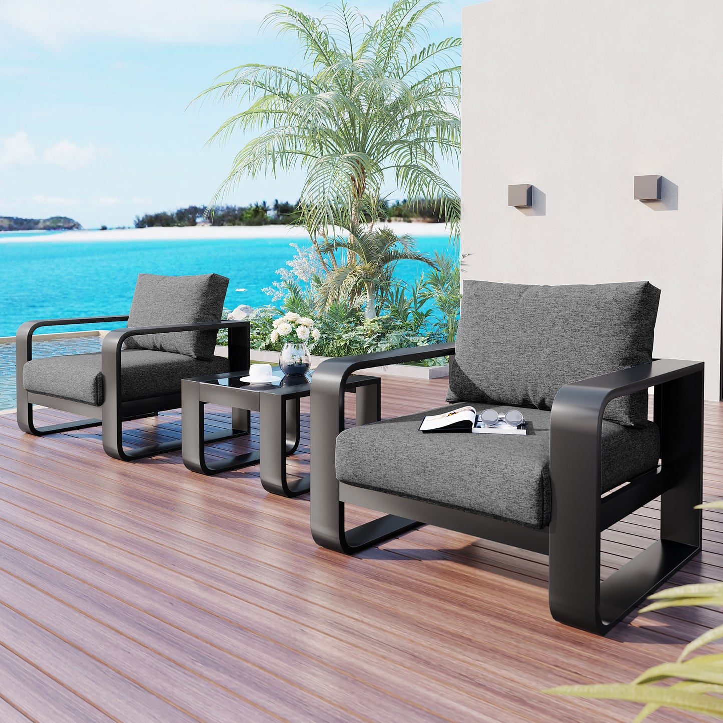 Melysen 3-pieces Aluminum Frame Patio Furniture With 6.7" Thick Cushion And Coffee Table, All Weather Use Olefin fabric Outdoor Chair, Gray+Black