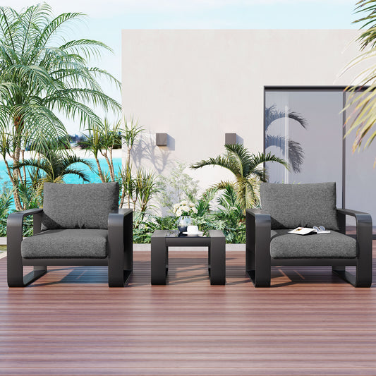 Melysen 3-pieces Aluminum Frame Patio Furniture With 6.7" Thick Cushion And Coffee Table, All Weather Use Olefin fabric Outdoor Chair, Gray+Black