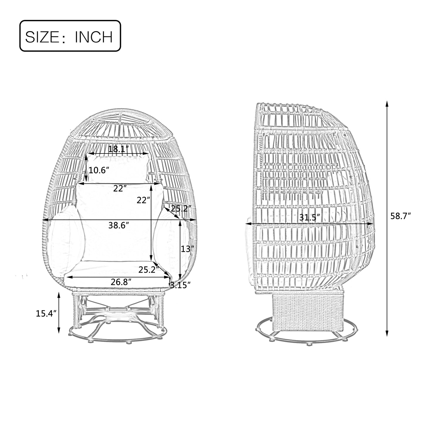 Melysen Outdoor Swivel Chair with Cushions, Rattan Egg Patio Chair with Rocking Function for Balcony, Poolside and Garden (Grey Wicker + Grey Cushion)