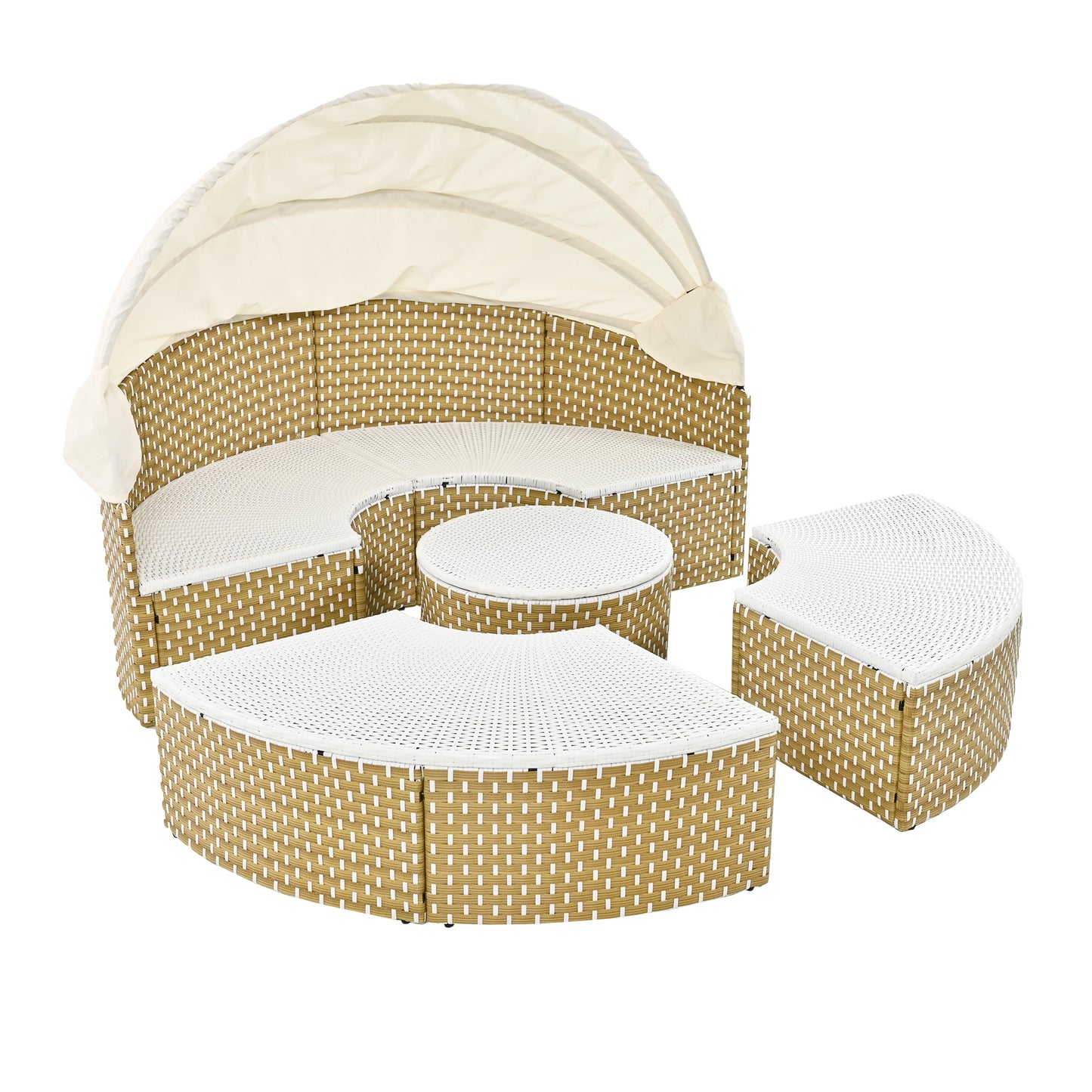 Melysen Patio Furniture Round Outdoor Sectional Sofa Set Rattan Daybed Two-Tone Weave Sunbed with Retractable Canopy, Separate Seating and Removable Cushion