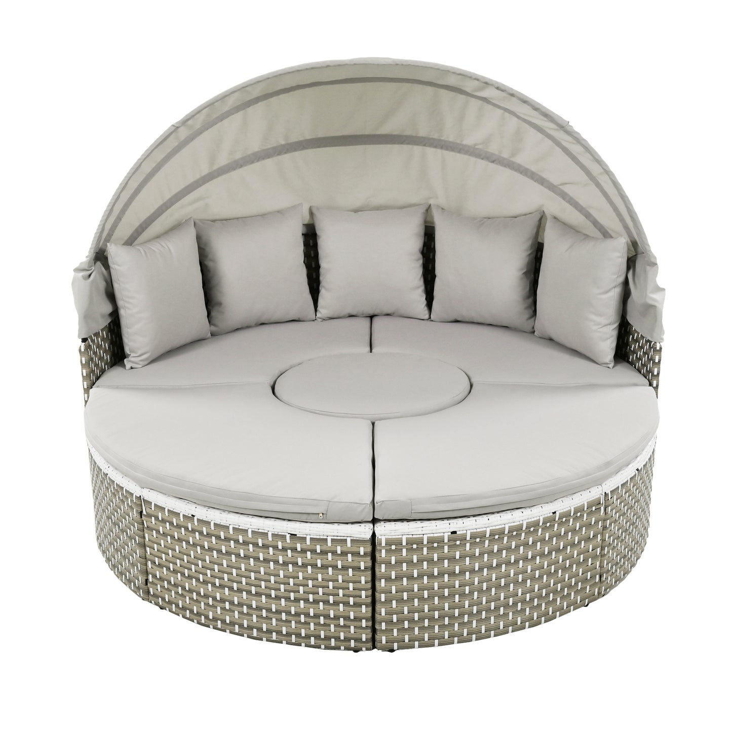 Melysen Patio Furniture Round Outdoor Sectional Sofa Set Rattan Daybed Two-Tone Weave Sunbed with Retractable Canopy, Separate Seating and Removable Cushion