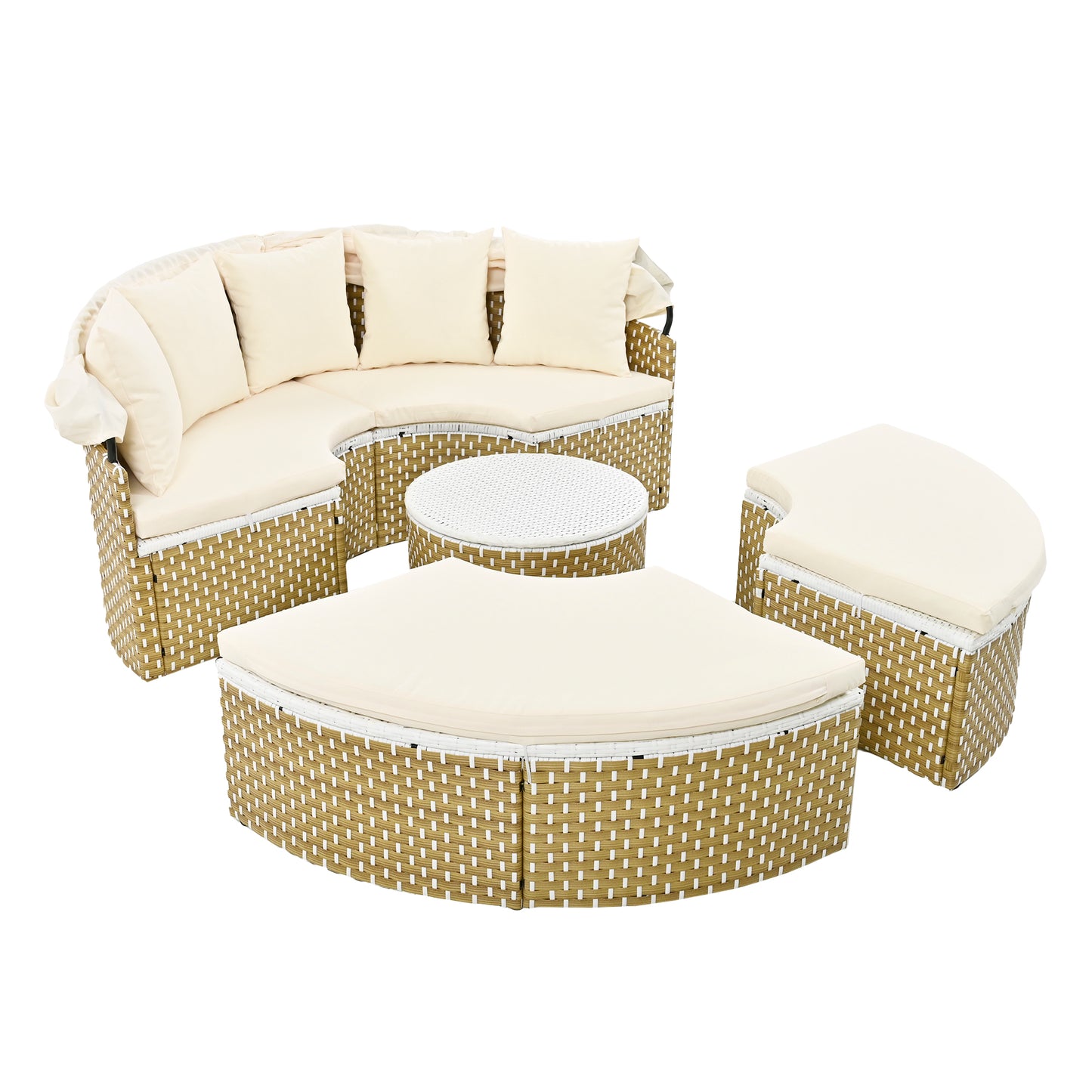 Melysen Patio Furniture Round Outdoor Sectional Sofa Set Rattan Daybed Two-Tone Weave Sunbed with Retractable Canopy, Separate Seating and Removable Cushion