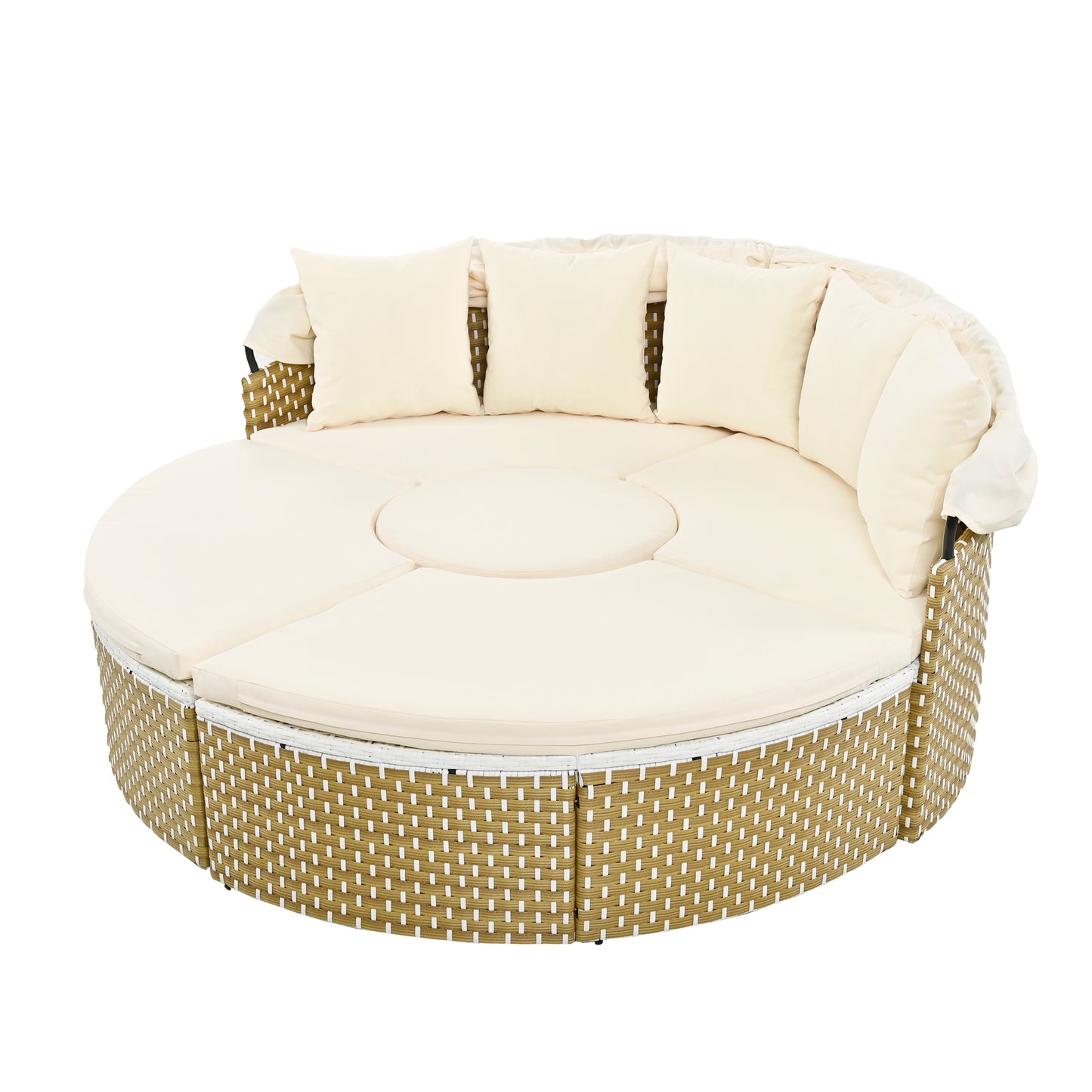 Melysen Patio Furniture Round Outdoor Sectional Sofa Set Rattan Daybed Two-Tone Weave Sunbed with Retractable Canopy, Separate Seating and Removable Cushion