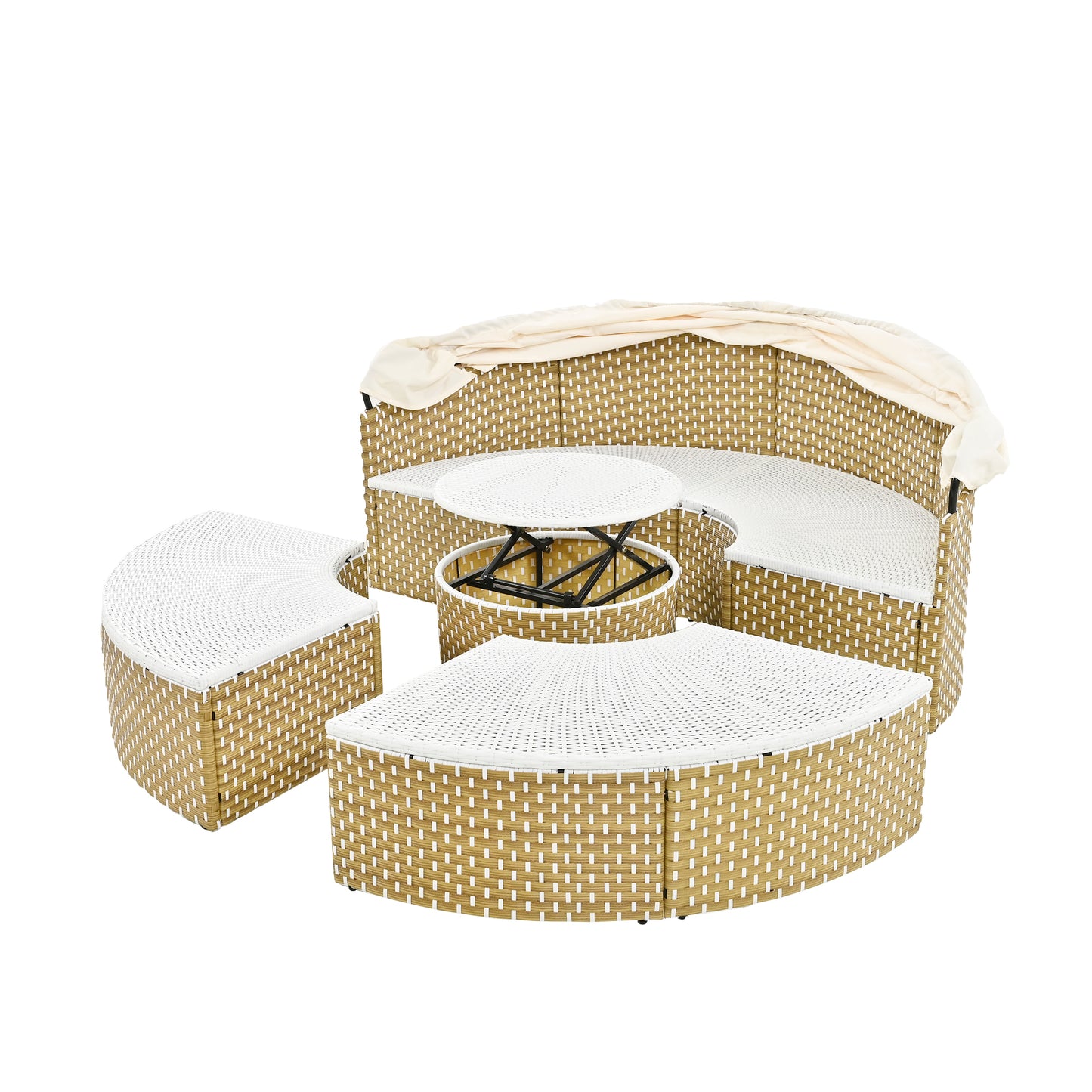 Melysen Patio Furniture Round Outdoor Sectional Sofa Set Rattan Daybed Two-Tone Weave Sunbed with Retractable Canopy, Separate Seating and Removable Cushion