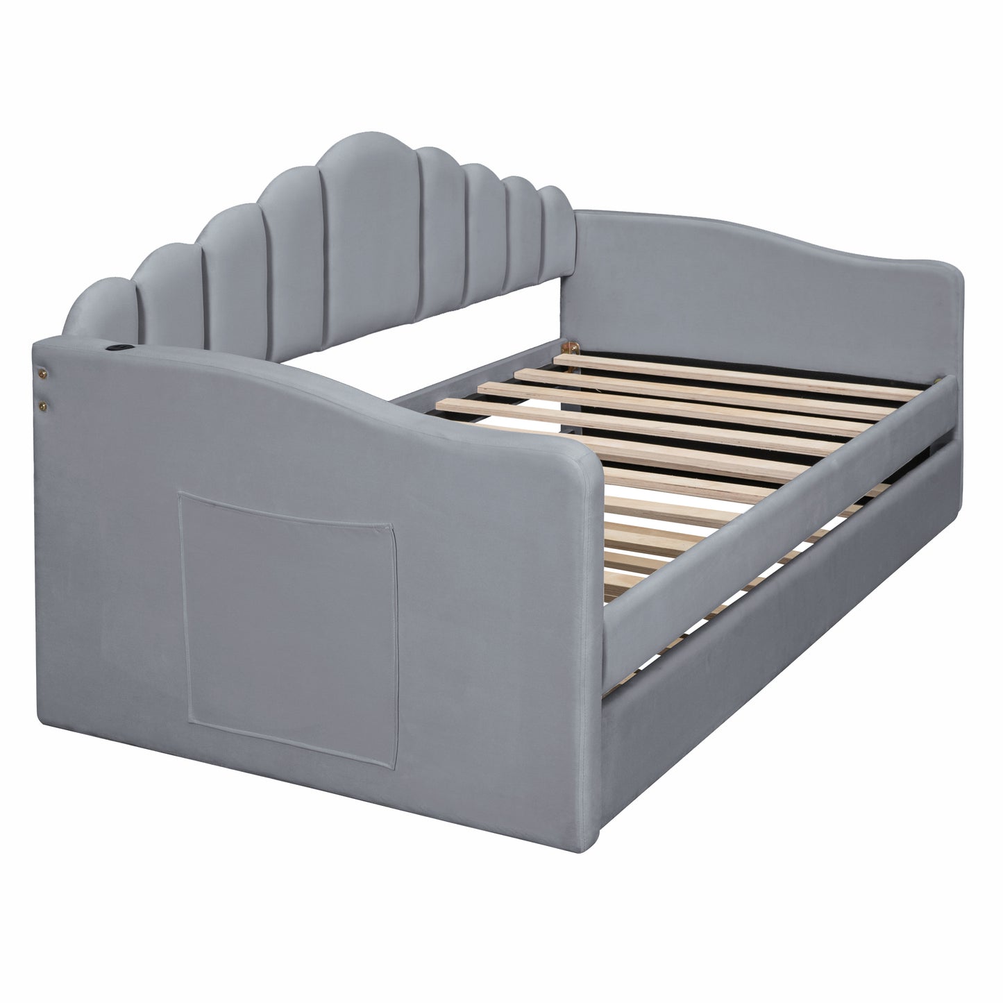 Melysen Twin size Upholstered Daybed with Trundle ,Velvet Sofabed with USB Charging Ports,No Box-spring Needed,Gray