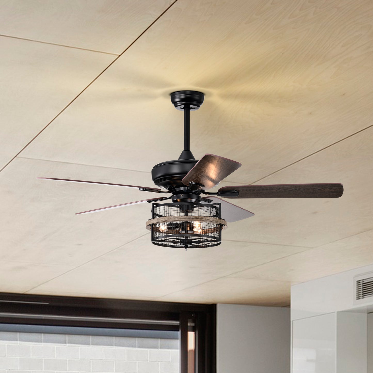 Melysen 52 Inch Farmhouse Ceiling Fan with Remote,3-Lights Ceiling Fan with Light Fixture (No include Bulbs), Ceiling Fan for Patio,Living room,Bedroom -Black Matte+Wood Grain