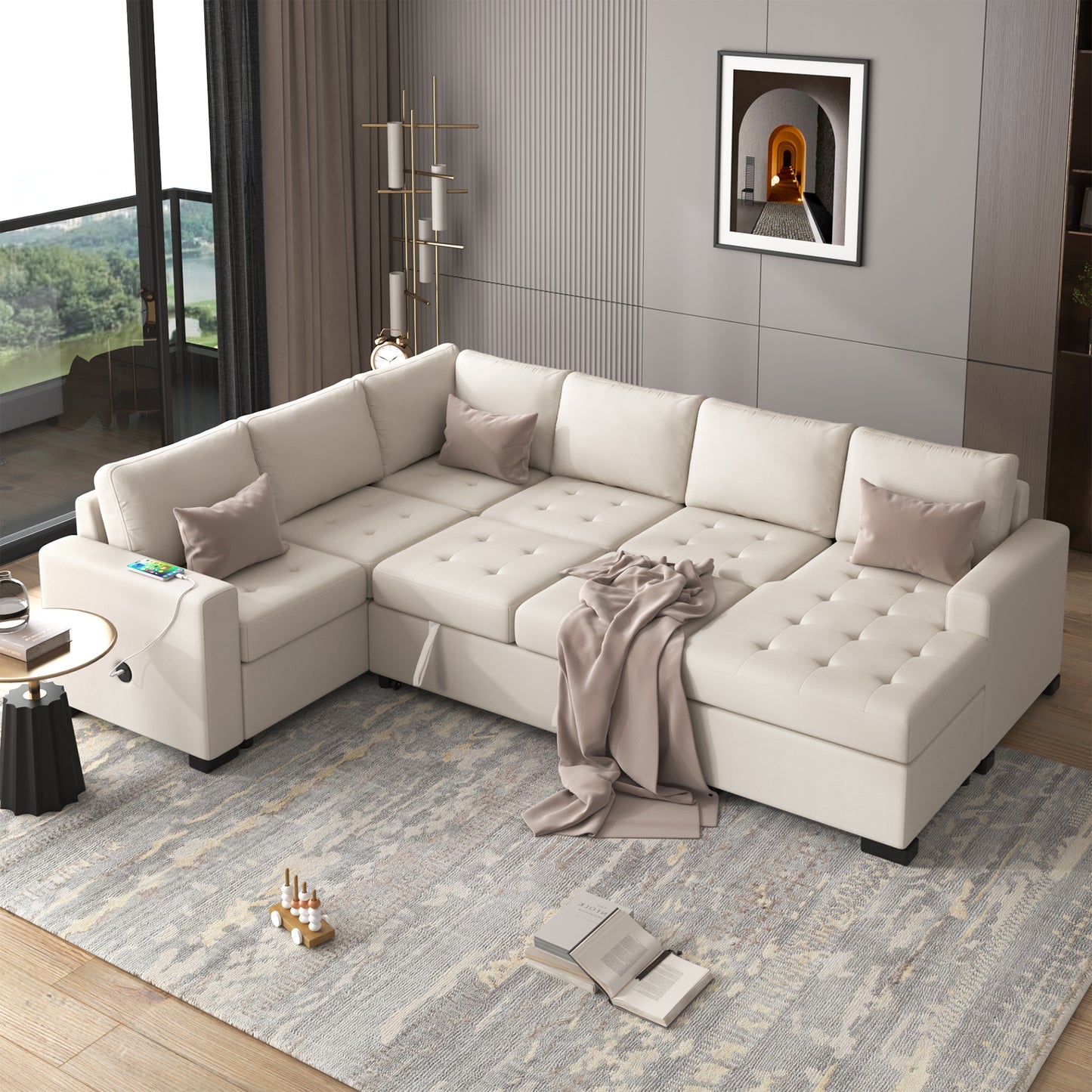 Melysen Sectional Sleeper Sofa with Pull-out Bed and Lounge Chair£¬USB and Type-C Interfaces£¬Suitable for Living Room£¬Office£¬and Spacious Spaces