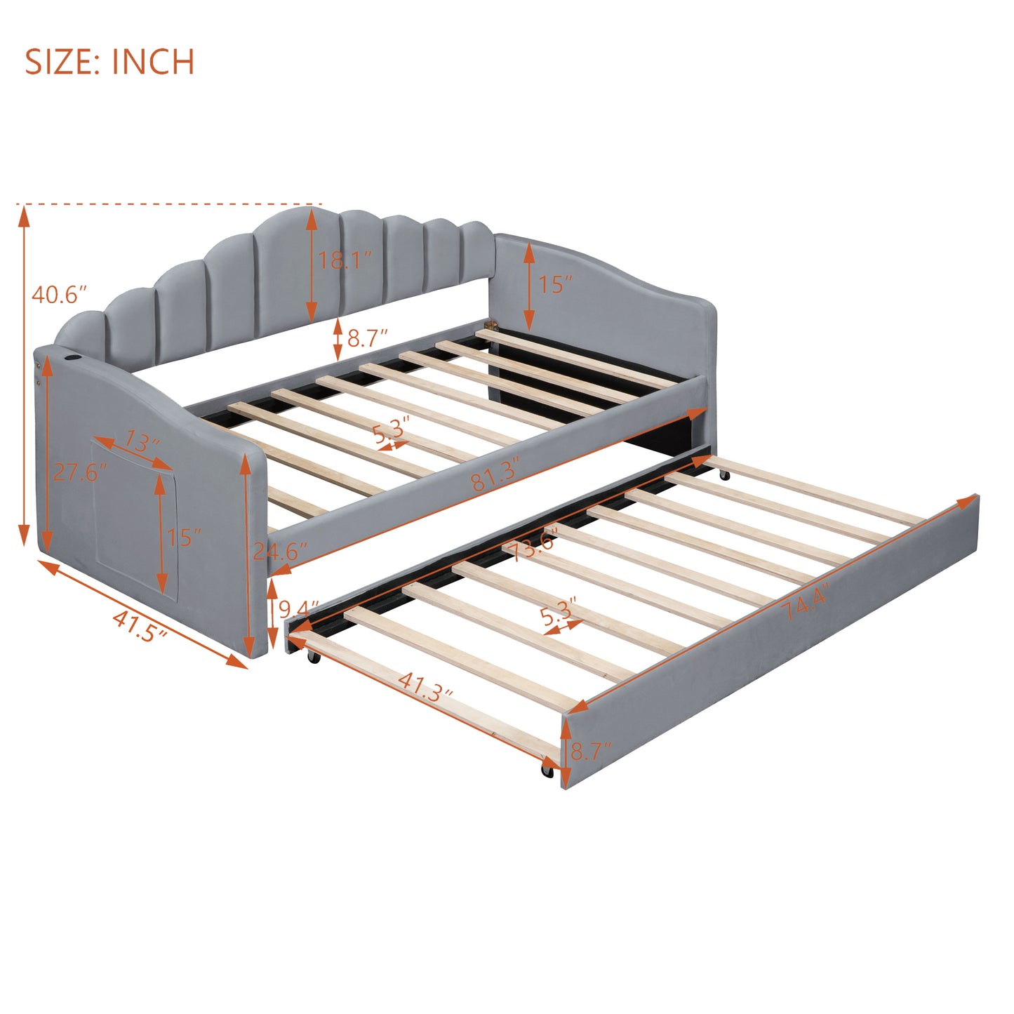 Melysen Twin size Upholstered Daybed with Trundle ,Velvet Sofabed with USB Charging Ports,No Box-spring Needed,Gray