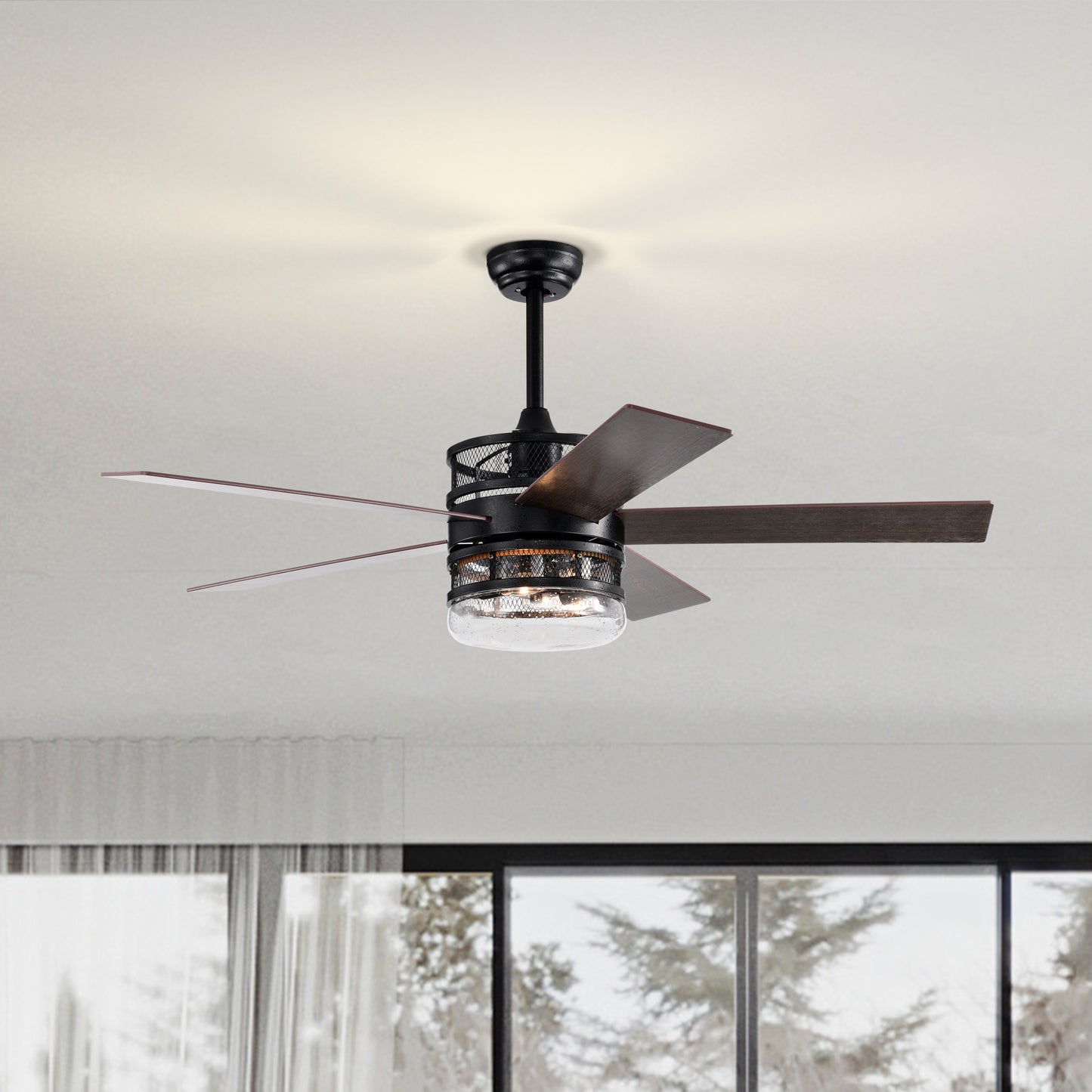 Melysen 52-inch 5-blade Lighted Ceiling Fan with Wood Nickel Crystal Shade (Optional Remote) -Matte Black