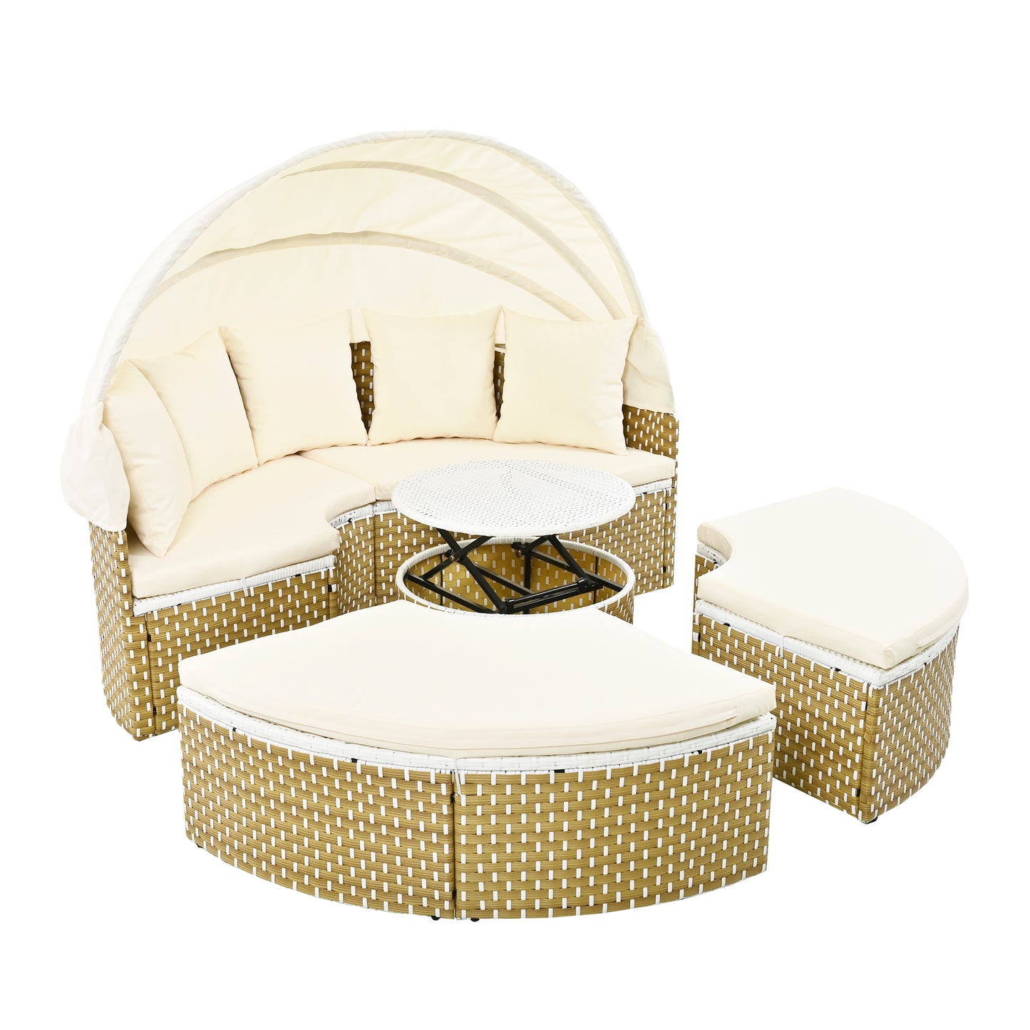 Melysen Patio Furniture Round Outdoor Sectional Sofa Set Rattan Daybed Two-Tone Weave Sunbed with Retractable Canopy, Separate Seating and Removable Cushion