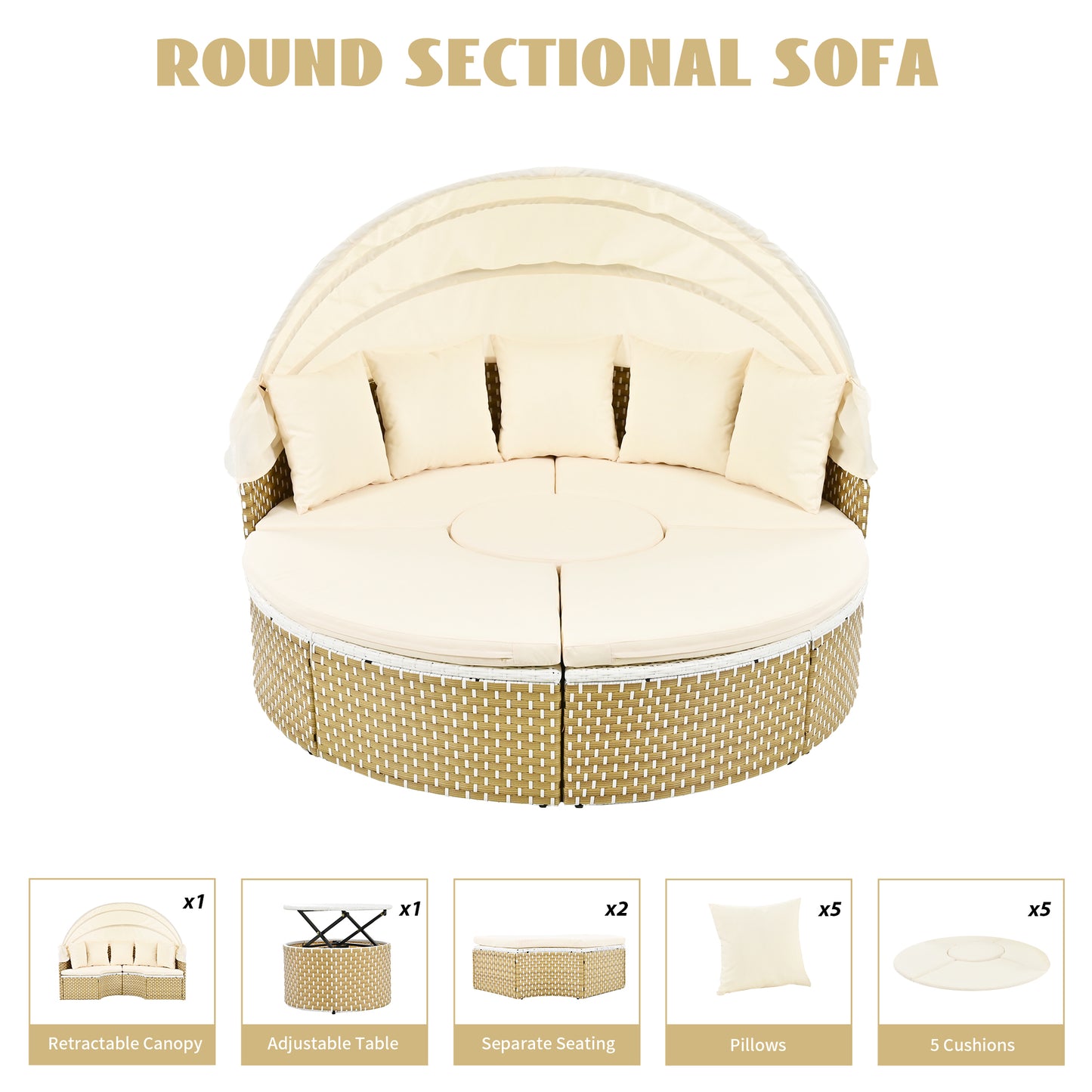 Melysen Patio Furniture Round Outdoor Sectional Sofa Set Rattan Daybed Two-Tone Weave Sunbed with Retractable Canopy, Separate Seating and Removable Cushion