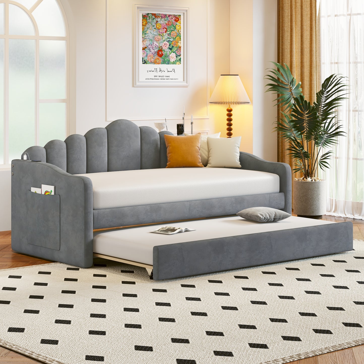 Melysen Twin size Upholstered Daybed with Trundle ,Velvet Sofabed with USB Charging Ports,No Box-spring Needed,Gray