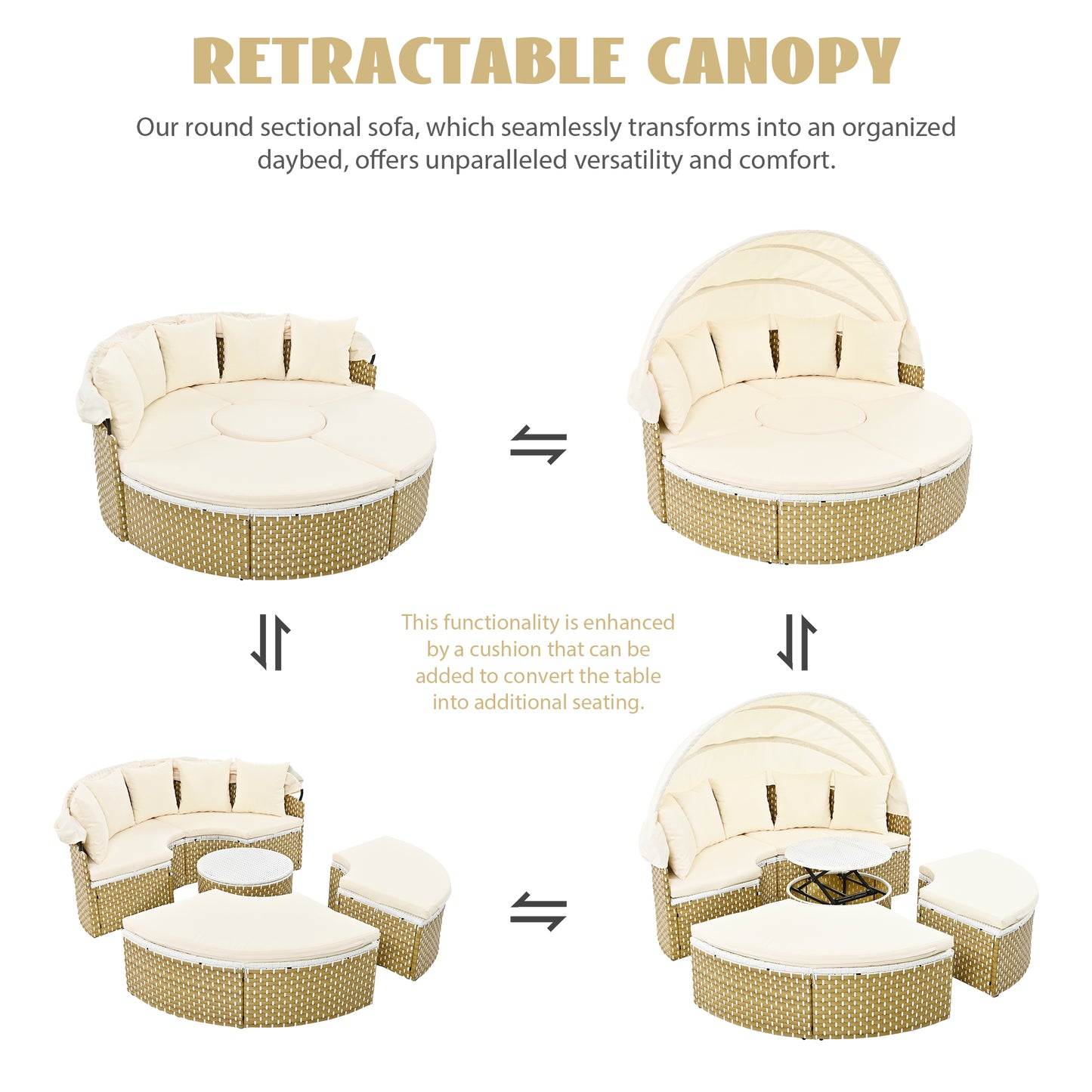 Melysen Patio Furniture Round Outdoor Sectional Sofa Set Rattan Daybed Two-Tone Weave Sunbed with Retractable Canopy, Separate Seating and Removable Cushion