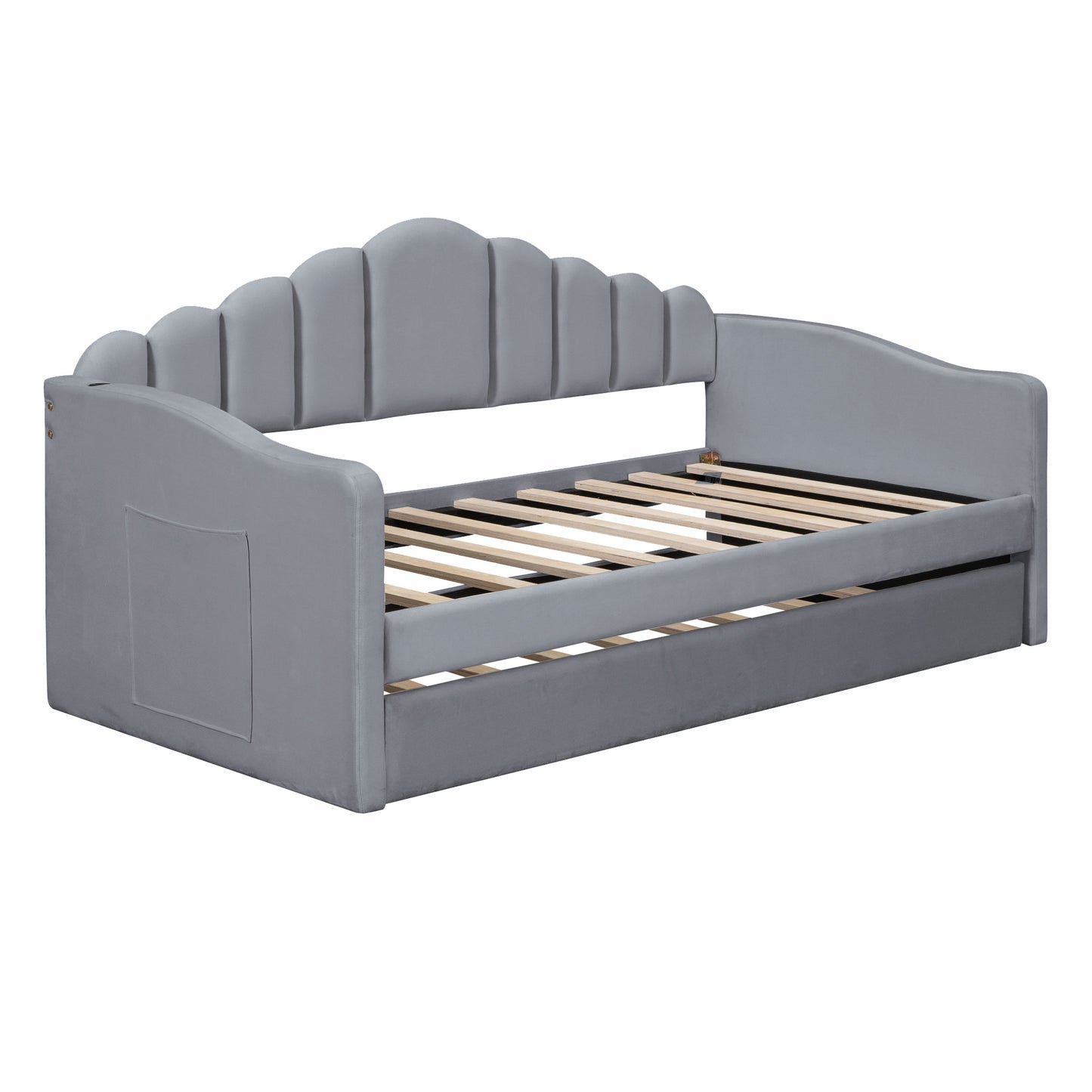 Melysen Twin size Upholstered Daybed with Trundle ,Velvet Sofabed with USB Charging Ports,No Box-spring Needed,Gray