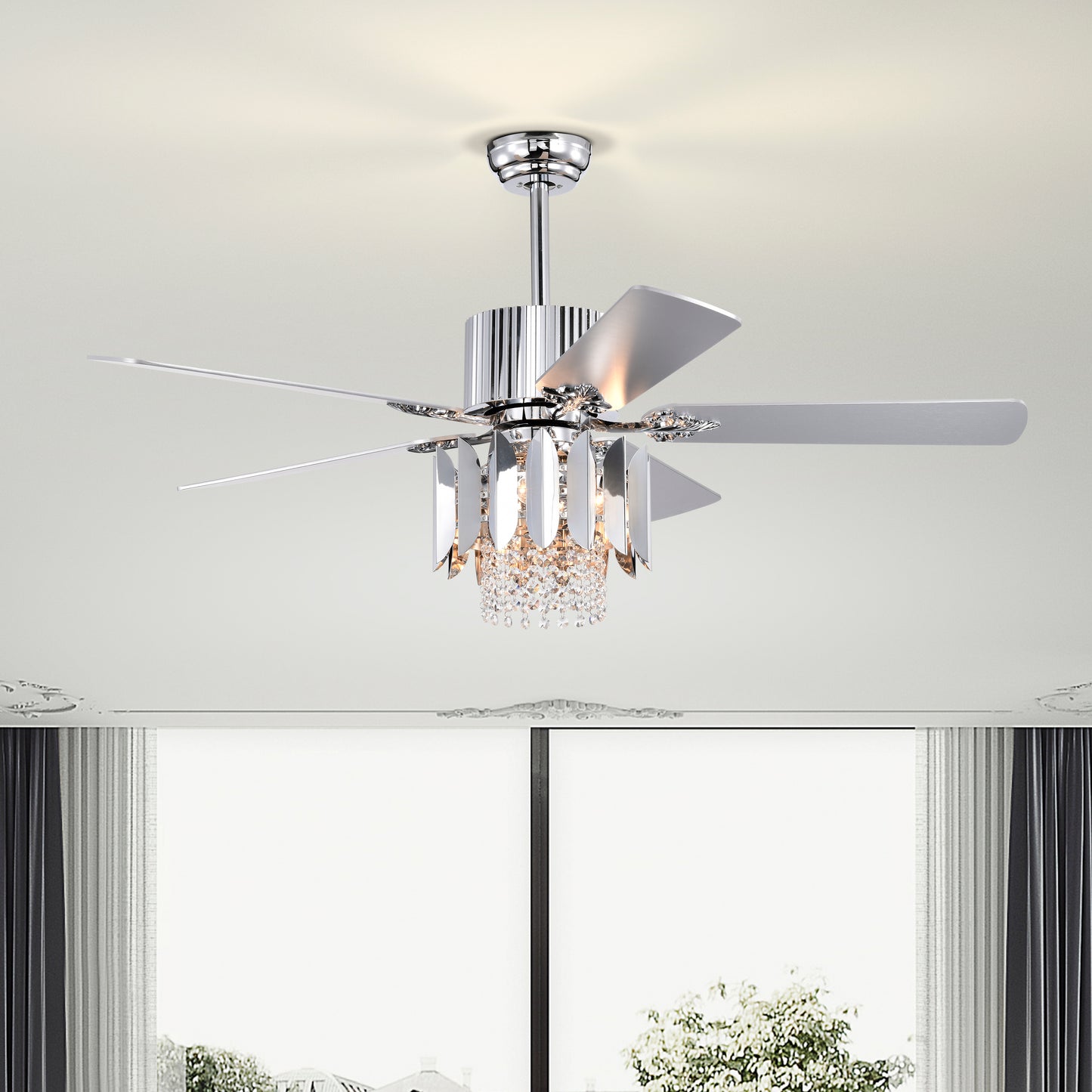 Melysen Crystal Ceiling Fan Reversible Blades 3 Wind Speeds Remote Control for Bedroom Living Dining Room -Chrome