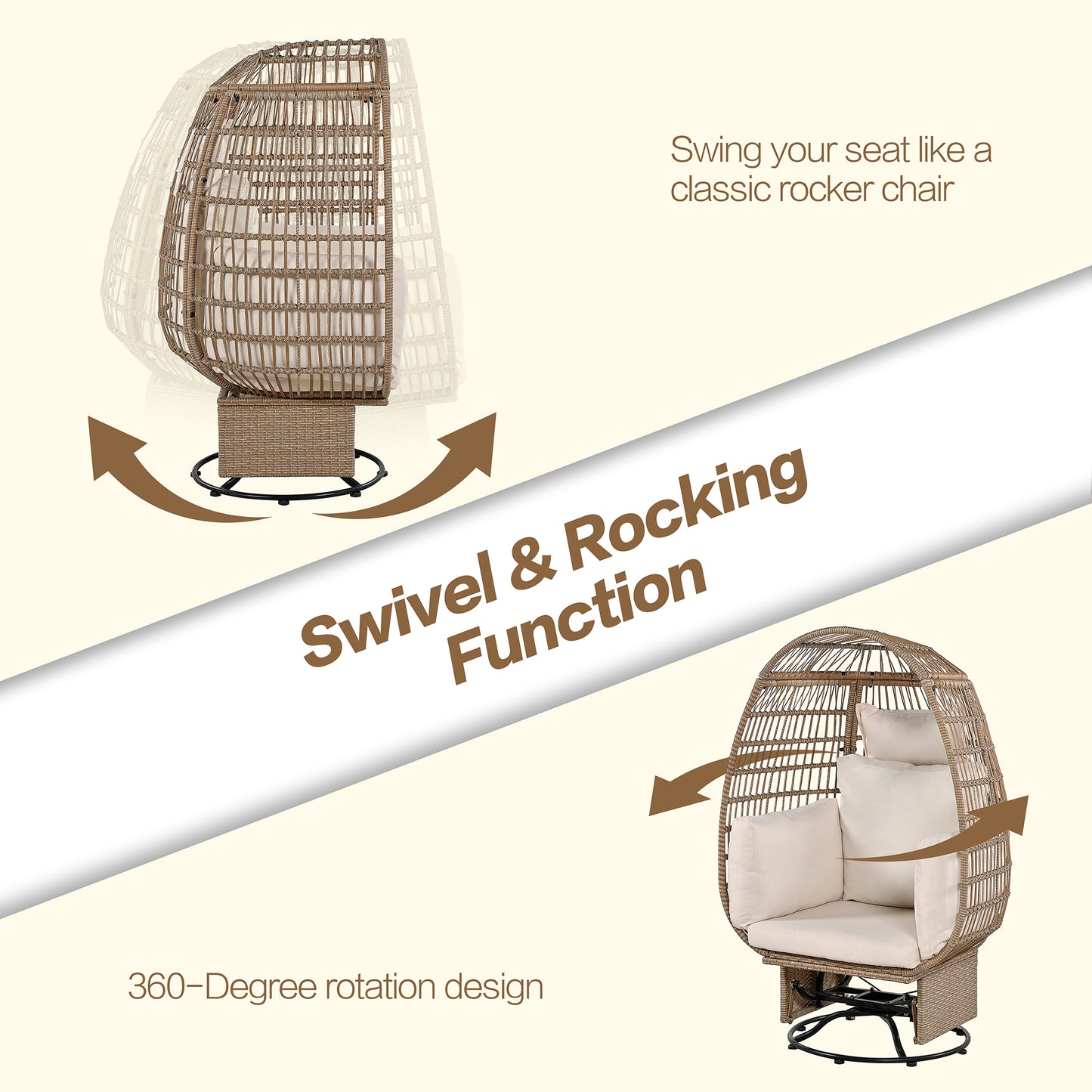 Melysen Outdoor Swivel Chair with Cushions, Rattan Egg Patio Chair with Rocking Function for Balcony, Poolside and Garden (Natural Wicker + Beige Cushion)