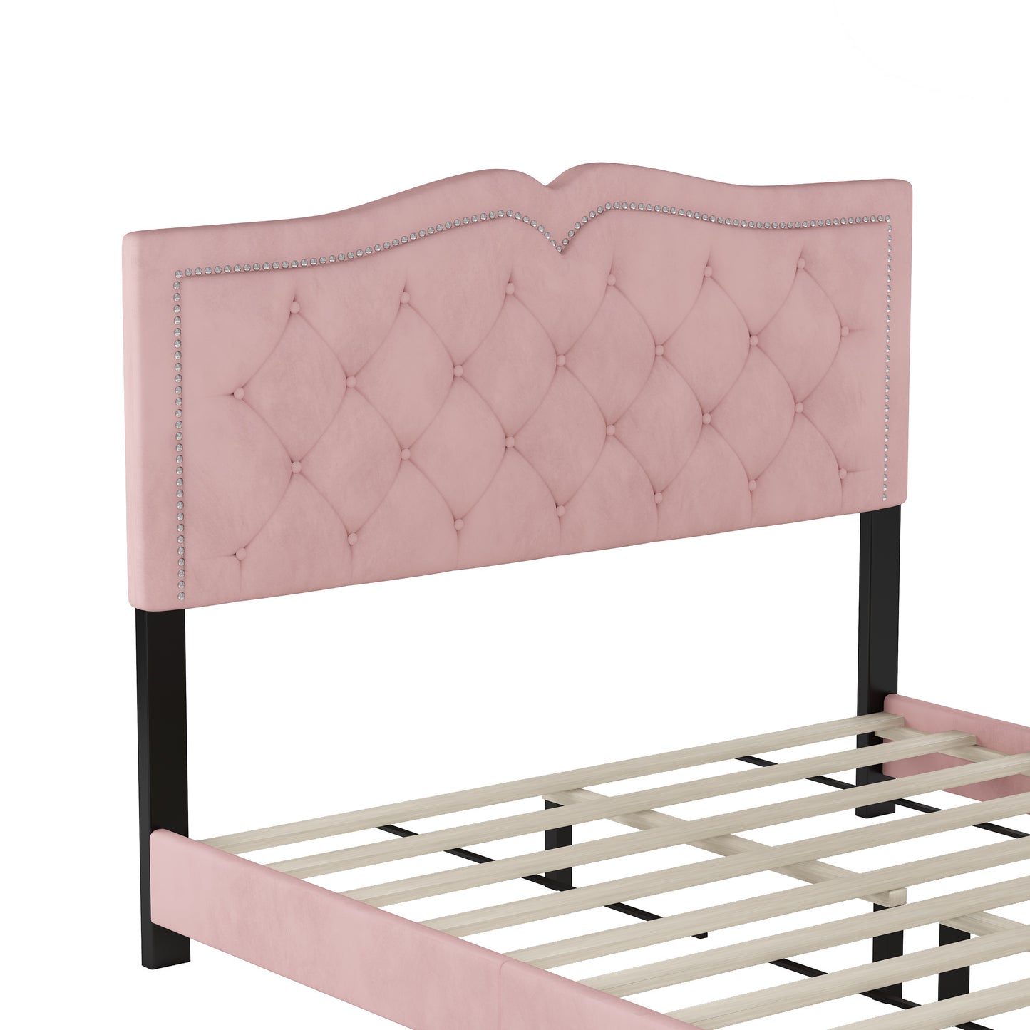 Melysen Queen Size Upholstered Bed Frame with Rivet Design, Modern Velvet Platform Bed with Tufted Headboard