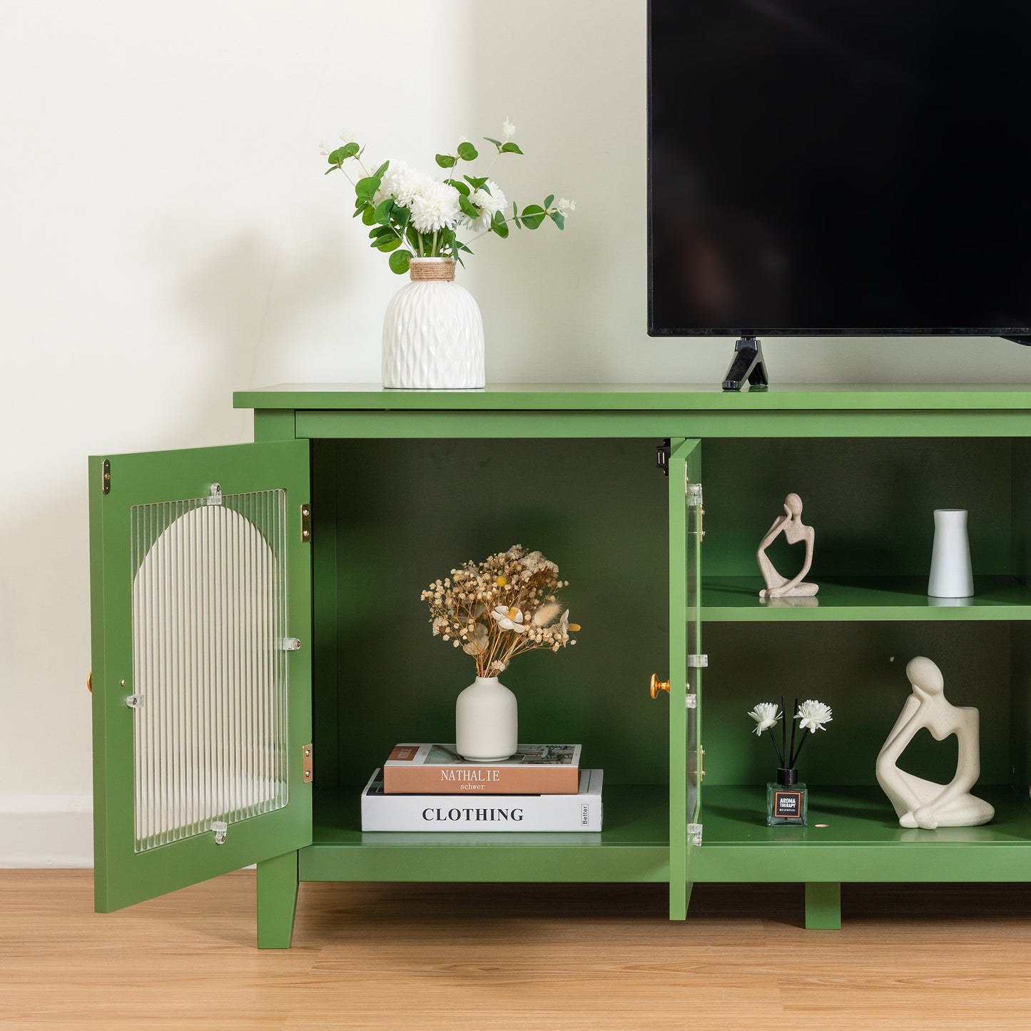 Melysen 71 " stylishTVcabinet Entertainment CenterTV stand,TVConsoleTable, Media Console,solidwood frame,Changhong glass door,Metal handle,Antique Green