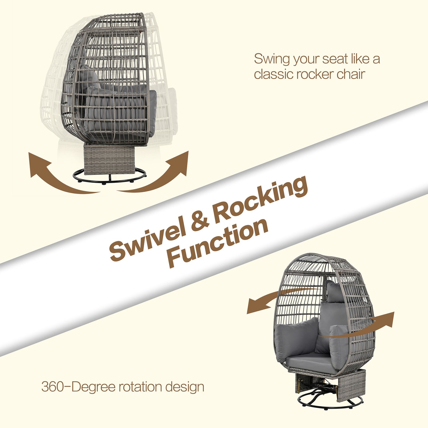 Melysen Outdoor Swivel Chair with Cushions, Rattan Egg Patio Chair with Rocking Function for Balcony, Poolside and Garden (Grey Wicker + Grey Cushion)