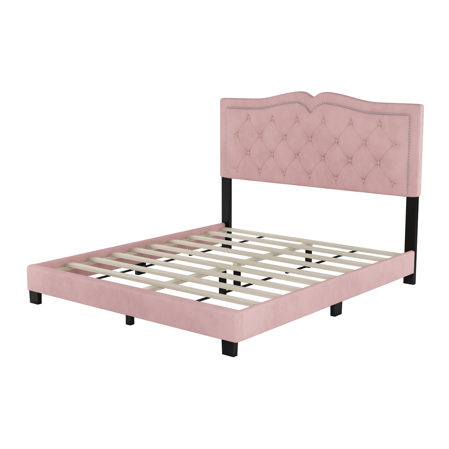 Melysen Queen Size Upholstered Bed Frame with Rivet Design, Modern Velvet Platform Bed with Tufted Headboard