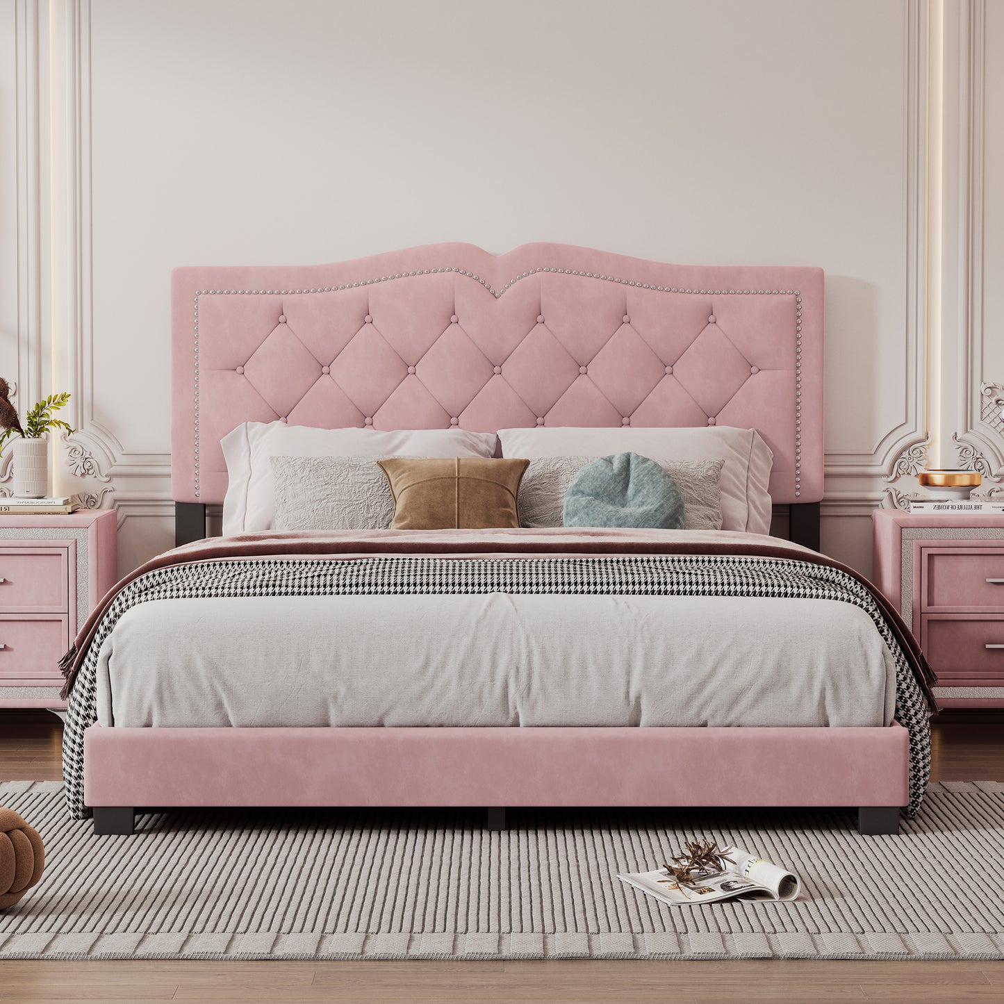 Melysen Queen Size Upholstered Bed Frame with Rivet Design, Modern Velvet Platform Bed with Tufted Headboard