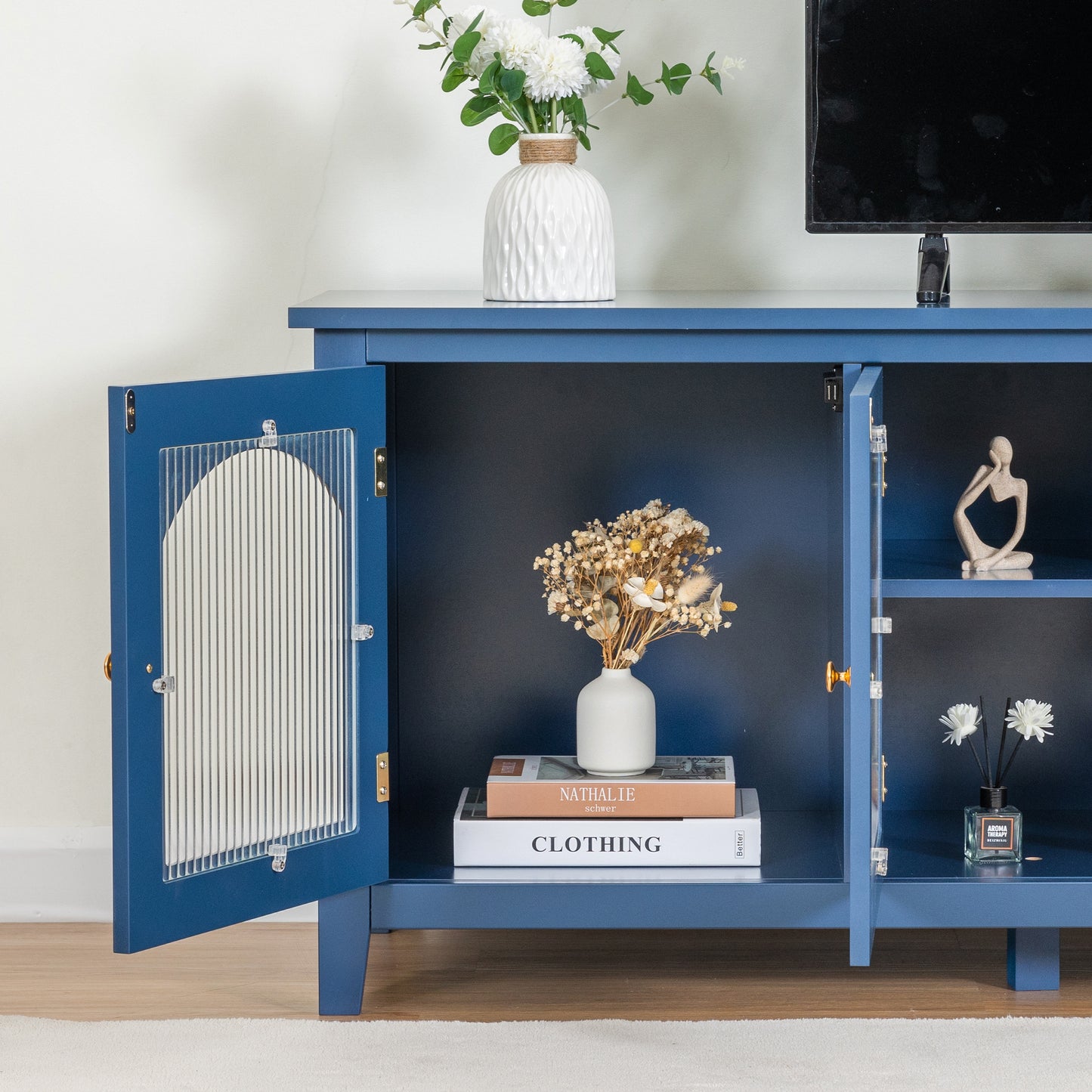 Melysen 71 " stylish TV cabinet Entertainment CenterTV stand,TVConsoleTable, Media Console,solidwood frame,Changhong glass door,Metal handle,,Antique Blue